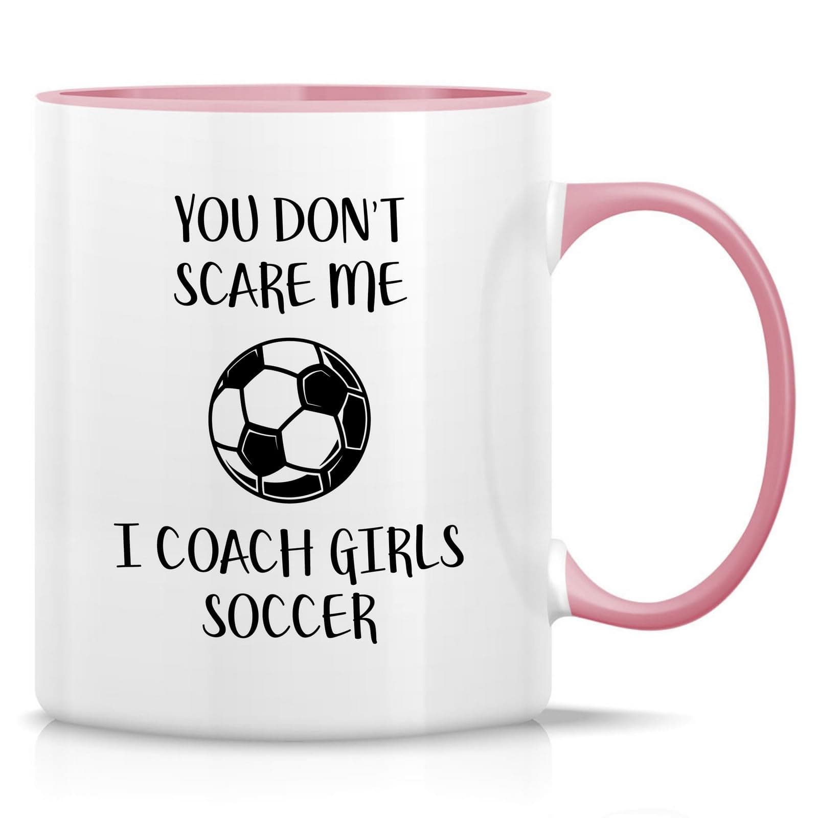 Retreez Funny Soccer Coach Mug Gift Don't Scare Me I Coach Girls Soccer 11 Oz Ceramic Coffee Mugs - Thank-you Sarcastic Motivational Inspirational birthday gift - White Mug with Pink Handle and Inner