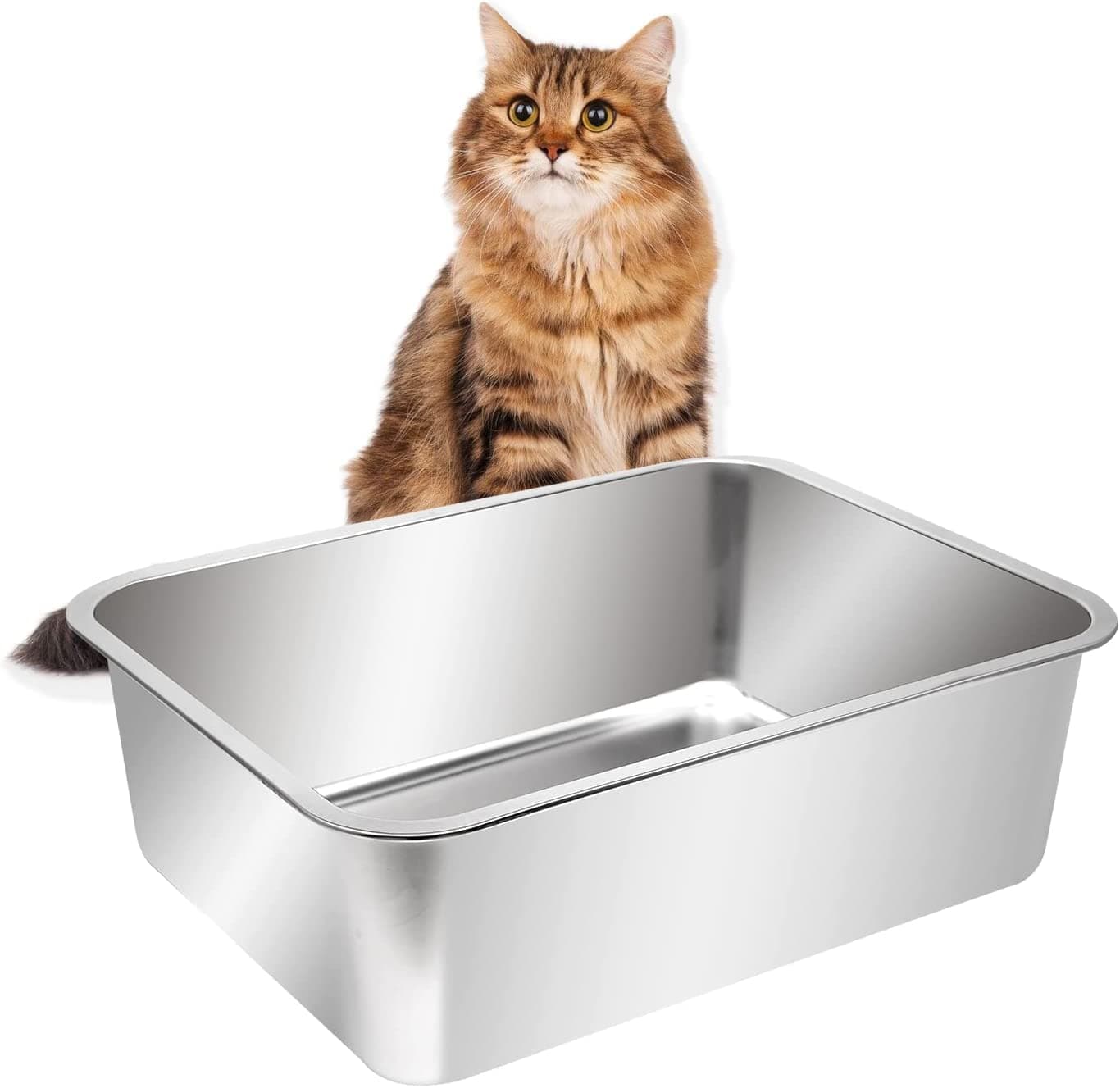 Kichwit Large Stainless Steel Cat Litter Box with High Sides for Big Cats, Non Stick Smooth Surface, Easy to Clean (23.4" L x 15.5" W x 7.6" H)