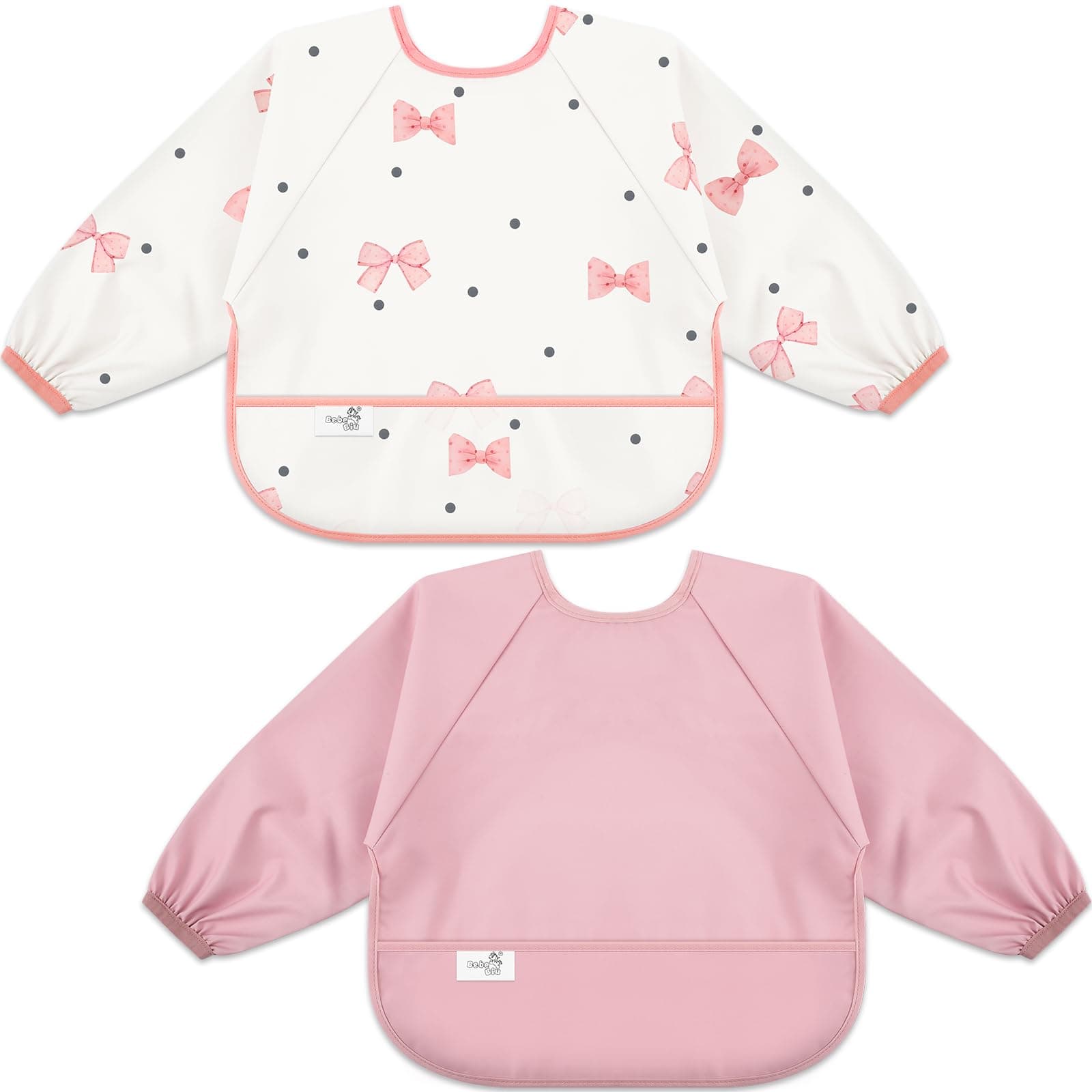 BebeBiu Long Sleeve Baby Bib, Waterproof Fabric, Full Coverage with Catch-All Pocket, 6-24 Months, 2-Pack (Bows Blush, Small 6-24 Months)