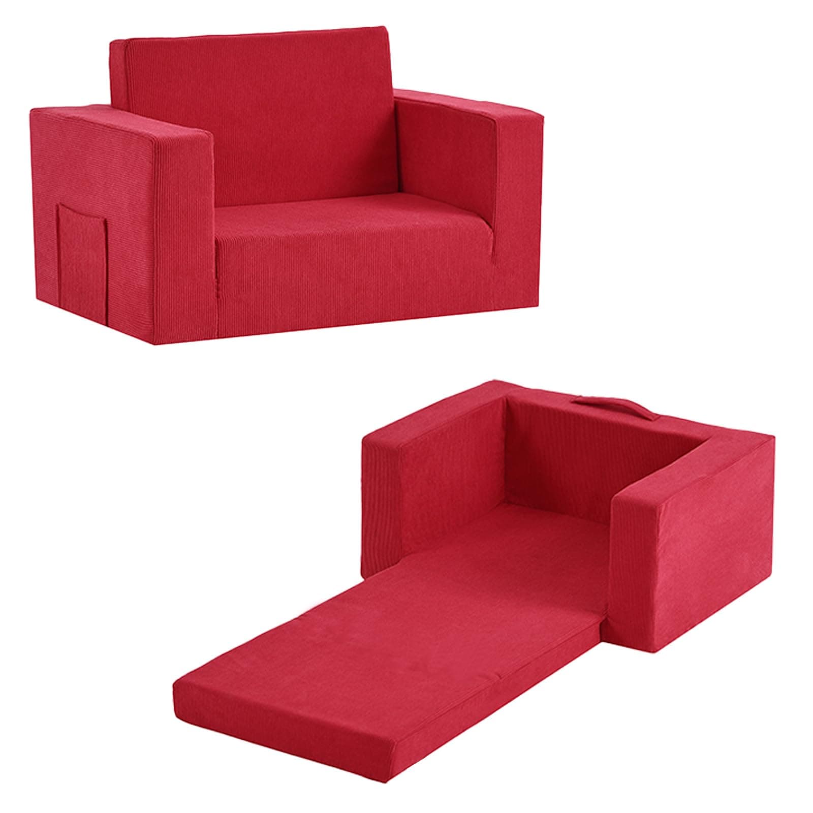 Tiita 2-in-1 Kids Sofa, Convertible Children Couch to Lounger, Flip Out Kids Chair, Toddler Armrest Chair Bed, Folding Kid Play Sofa for Girl or Boy, Corduroy Red