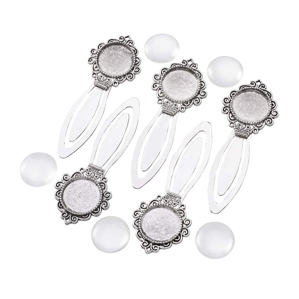 Pandahall 5Sets Flat Round 20mm Antique Silver Portrait Bookmark Makings Sets with Alloy Cabochon Bezel Blank Cover Settings & Domed Transparent Clear Glass Cabochons Magnifying Photo Image Tiles