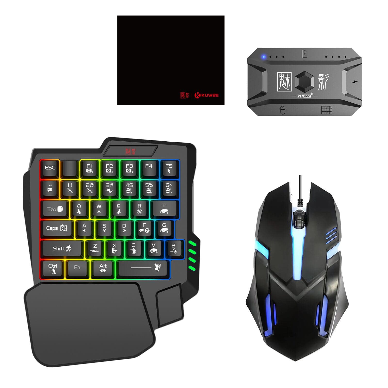 Docooler Half Hand Keyboard and Mouse Combo, 25 Keys Single Handed Wired RGB Keyboard and Gaming Mouse Converter, Support Customize Button, for Android, PC Gaming Player