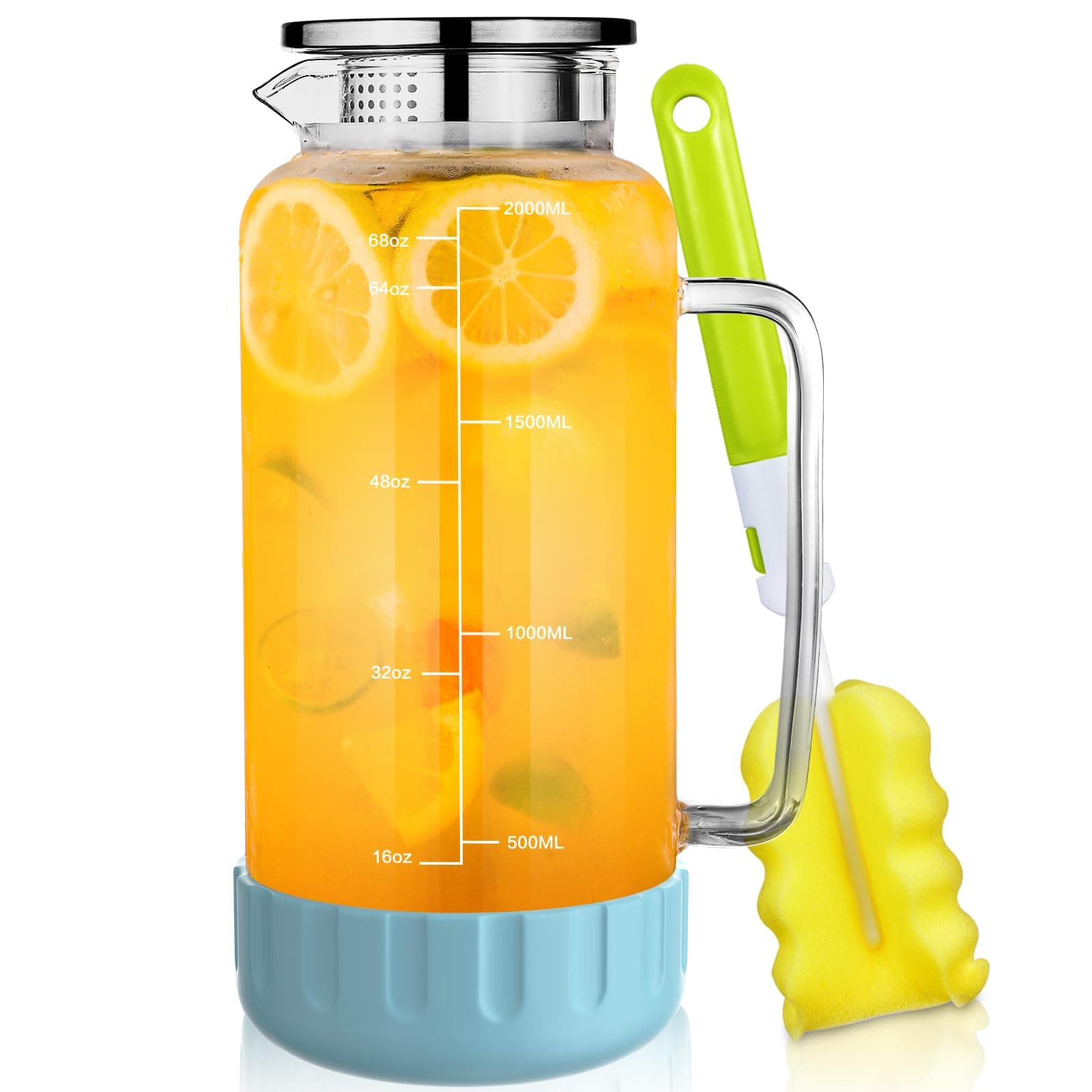 Water Pitcher, 2L Glass Pitcher with Silicone Base and Precise Scale Line, Heat Resistant Water Jug with Lid, Carafe for Iced Tea Milk Coffee Juice Cold/Hot Beverages, Anti-Slip and Easy Clean (Blue)