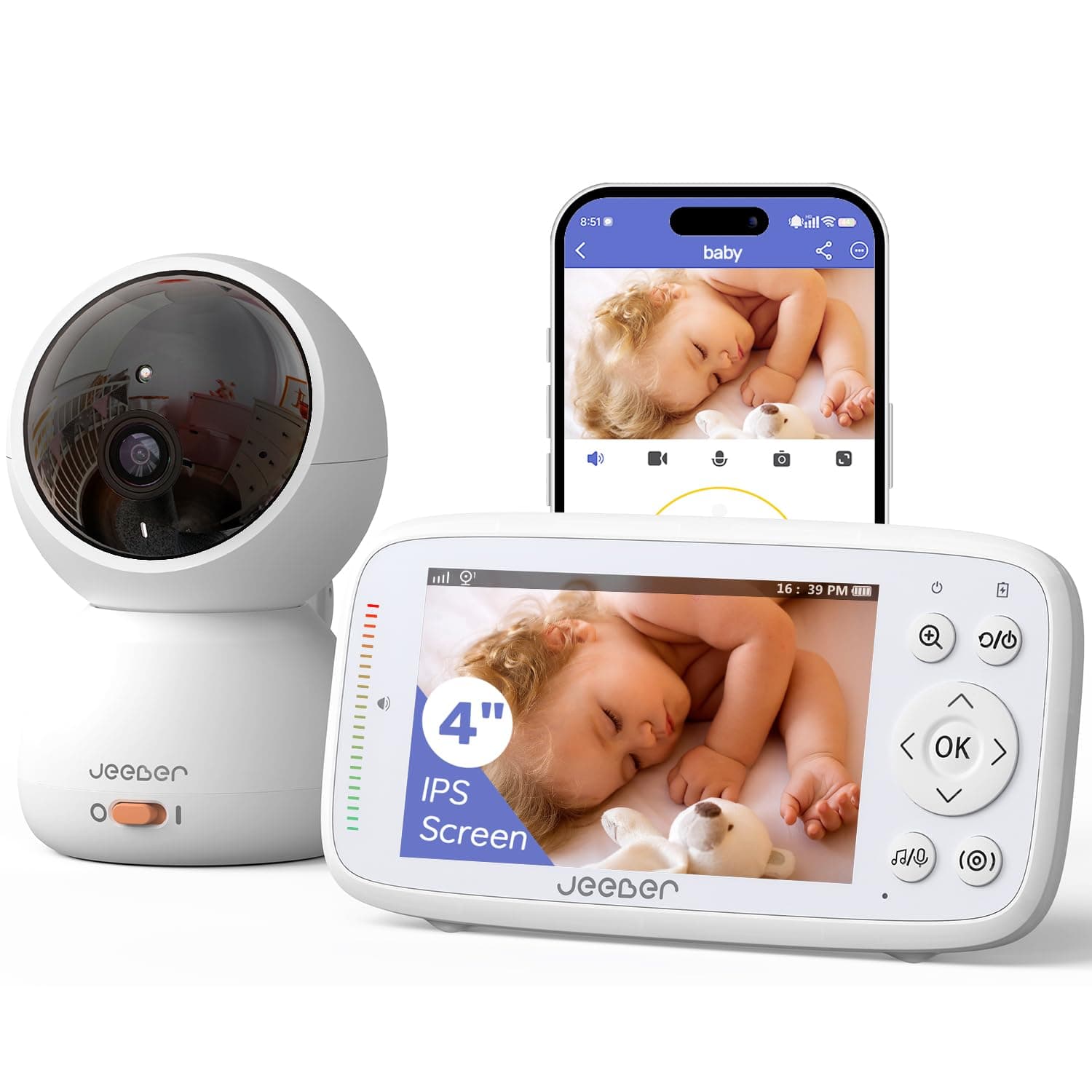 1080P WiFi Baby Monitor With Camera And Audio,4" Screen,PTZ 360°,2.4GHz