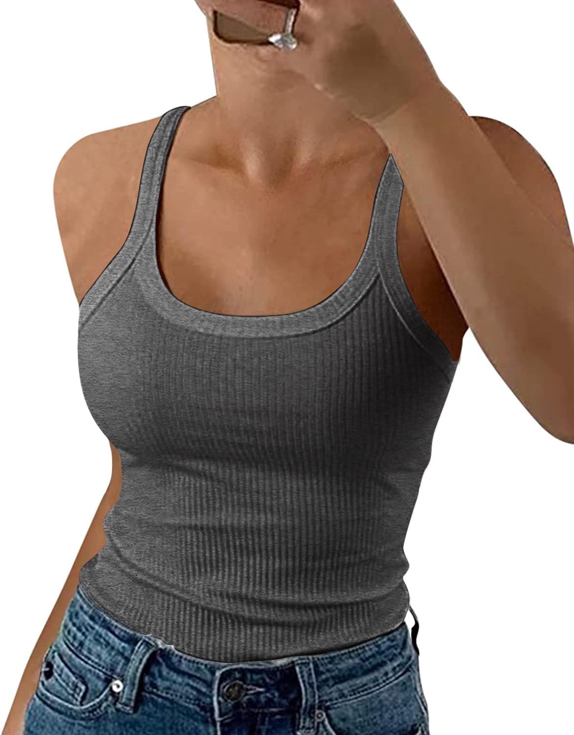 GEMBERA Women Spaghetti Strap Scoop Neck Ribbed Tank Tops Slim Fitted Cotton Camisole Basic Sleeveless Layering Shirts, Dark Heather Grey, L