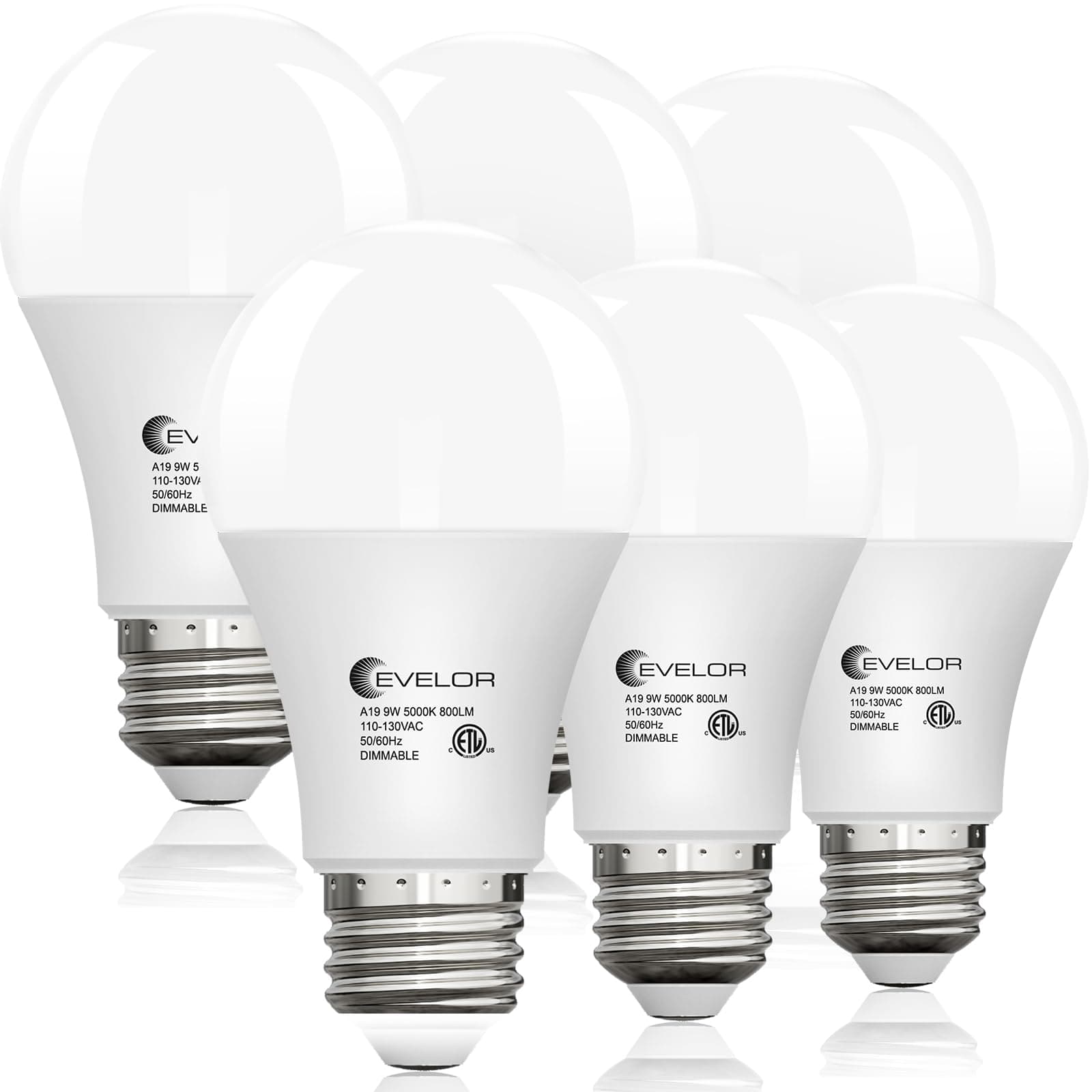 Evelor 6-Packs A19 LED Light Bulbs, E26 Base, Dimmable Daylight White 5000K 9W High Efficiency (60W Equivalent), 800 Lumens, 15000 Hours Lifespan, Fits Bedroom & Living Room