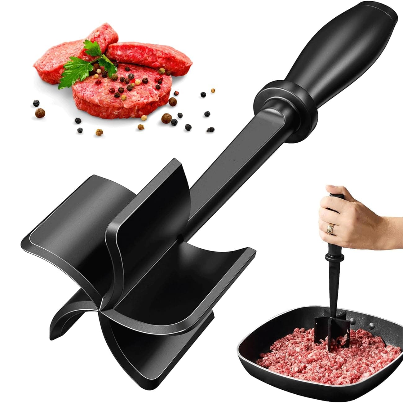 Professional Heat Resistant Nylon Meat Chopper and Potato Masher, BENIFILE Ground Beef & Turkey Safe for Non-Stick Cookware, Hamburger Chopper Utensil Mix Chopper for Kitchen Tool (Single Black)