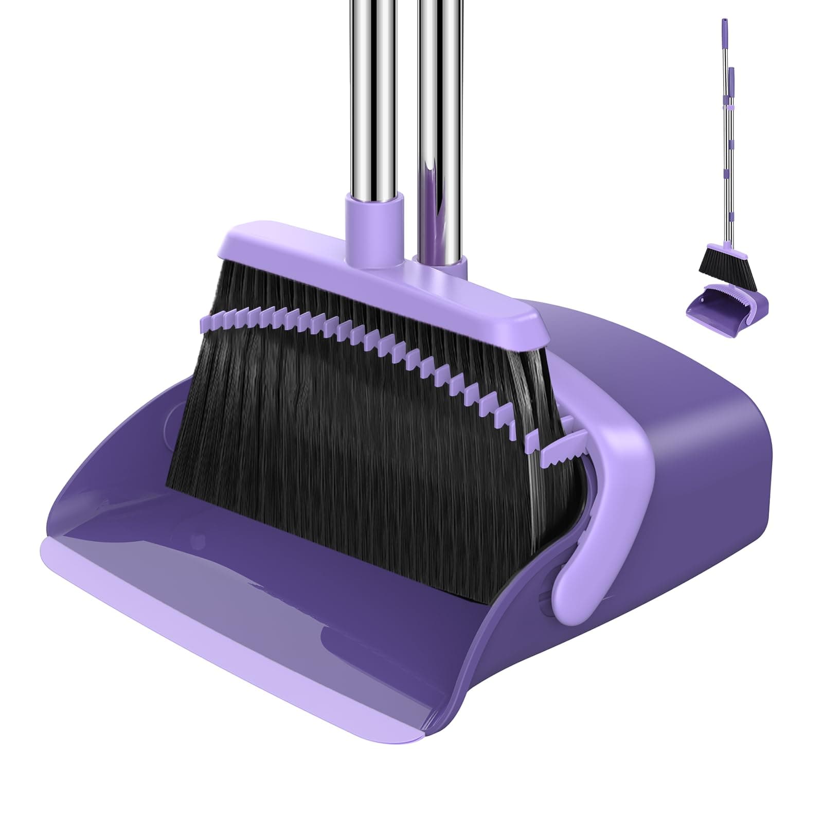 NACENA Broom and Dustpan Set with 52-in Long Adjustable Handle, Purple