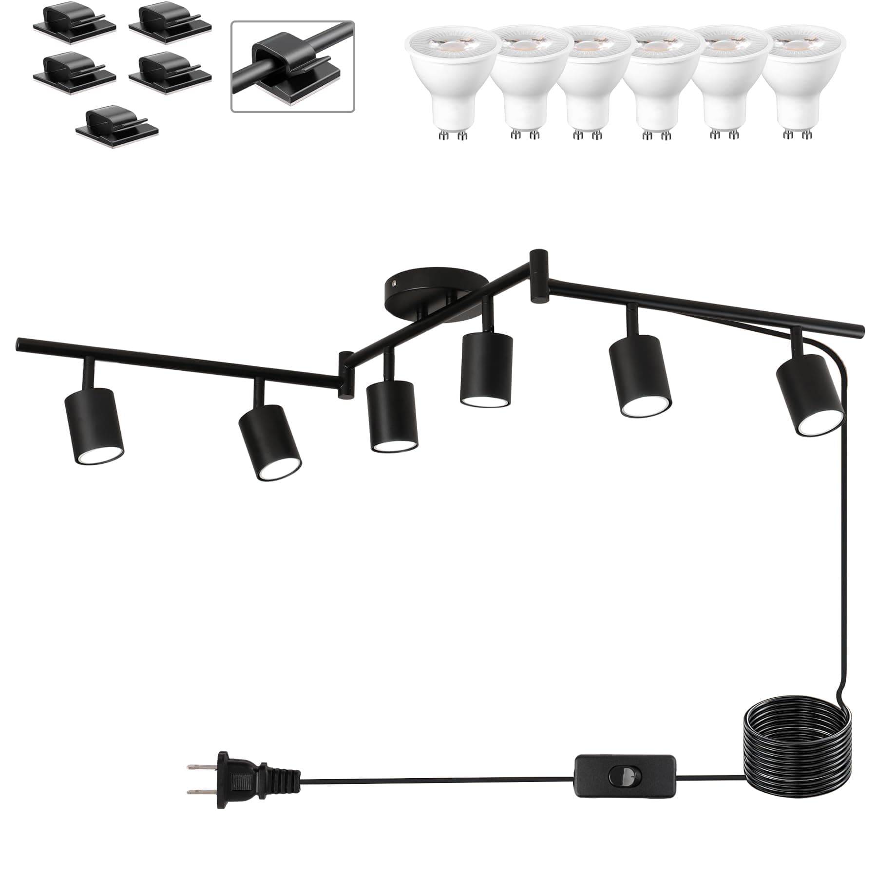 Plug in Track Lighting Kit, 120cm LED 6 Light Kitchen Track Lighting, Corded Wall Light with 16.4ft Cord, 6 Way Ceiling Spot Lighting Flexibly Rotatable Head Includes 6 x GU10 Bulb (6-Black-120cm)
