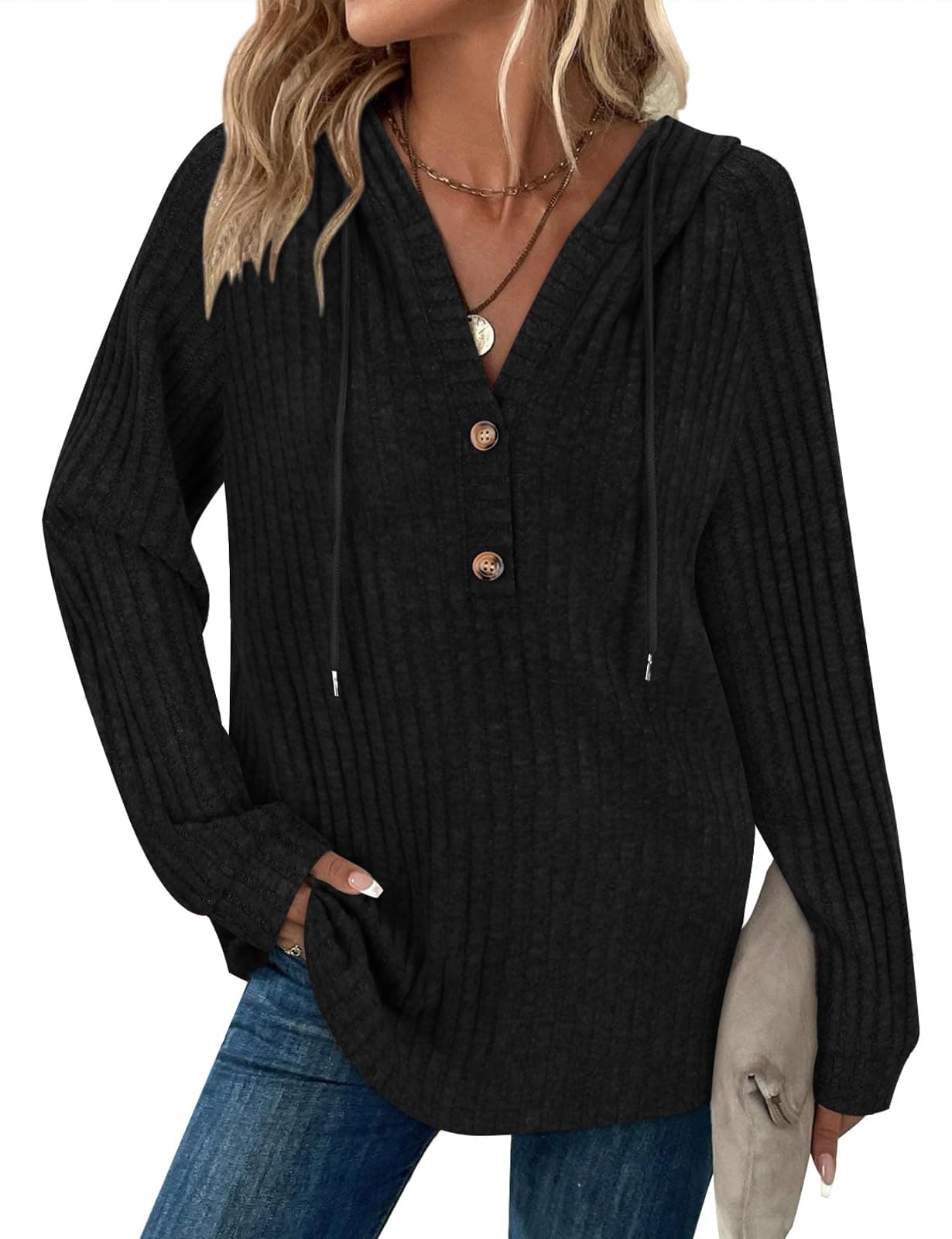Syphiby Womens Sweaters Ladies Lightweight Jumpers V Neck Pullover Hoodies Christmas Sweaters Fall Trendy 2024 Long Sleeve Comfy Sweatshirts Warm Tops Black