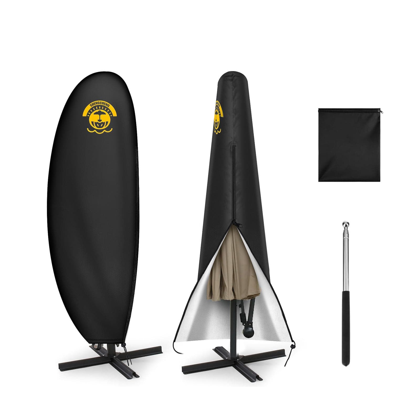 SHENGCHENG Patio Umbrella Covers Waterproof Outdoor Offset Banana Style Umbrella Cover with Rod - 420D Waterproof & Heavy Duty UV-Resistant Cover for 9-13ft Outdoor Umbrella with Support Pole sc001