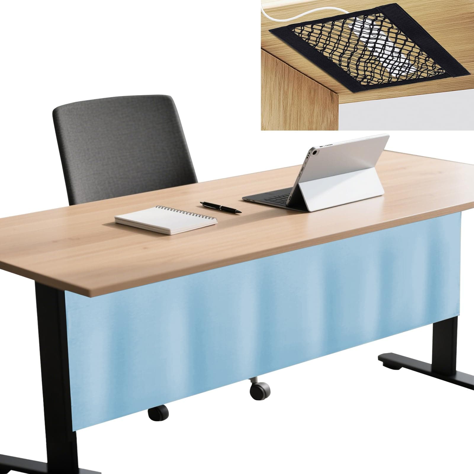 Icegrey 60.8" Under Desk Privacy Panel with Cable Management Organizer Net Self-Adhesive Modesty Panel for Cord Organizer Pockets and Desk Skirt for Home Office or Standing Workstation, Blue