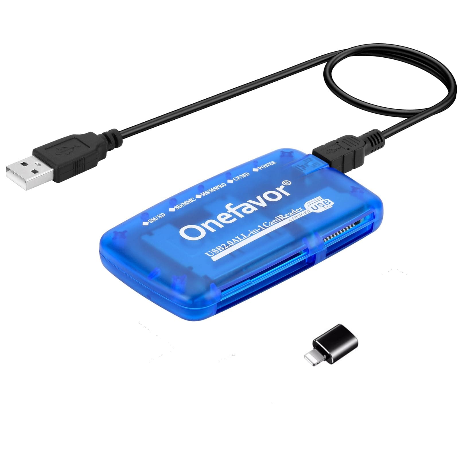 Onefavor SmartMedia Card Reader Writer All-in-1 USB Universal Multi Card Adapter Slim Hub Read, Camera Flash Memory Cards for Windows, Mac, Linux (Card Reader + iPhone Adapter)