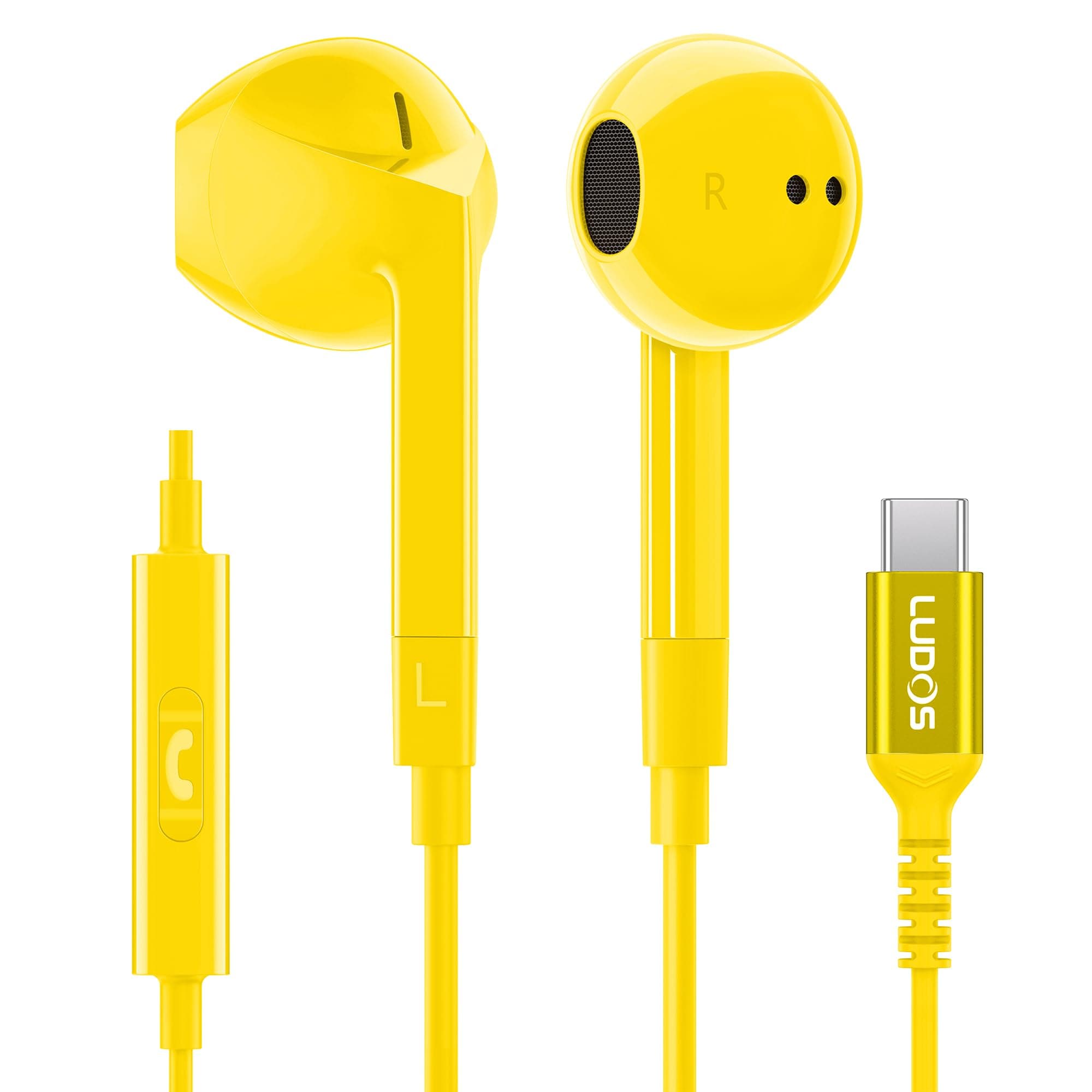 LUDOS FEROX USB C Headphones, 5 Years Warranty, USB-C Earbuds for iPhone 16 15 Pro Max Plus Samsung Galaxy S24 S23 Ultra S22 S21 FE S20 Z Flip 3 Fold 4 A53 A54, USB Type C Earphones for iPad - Yellow