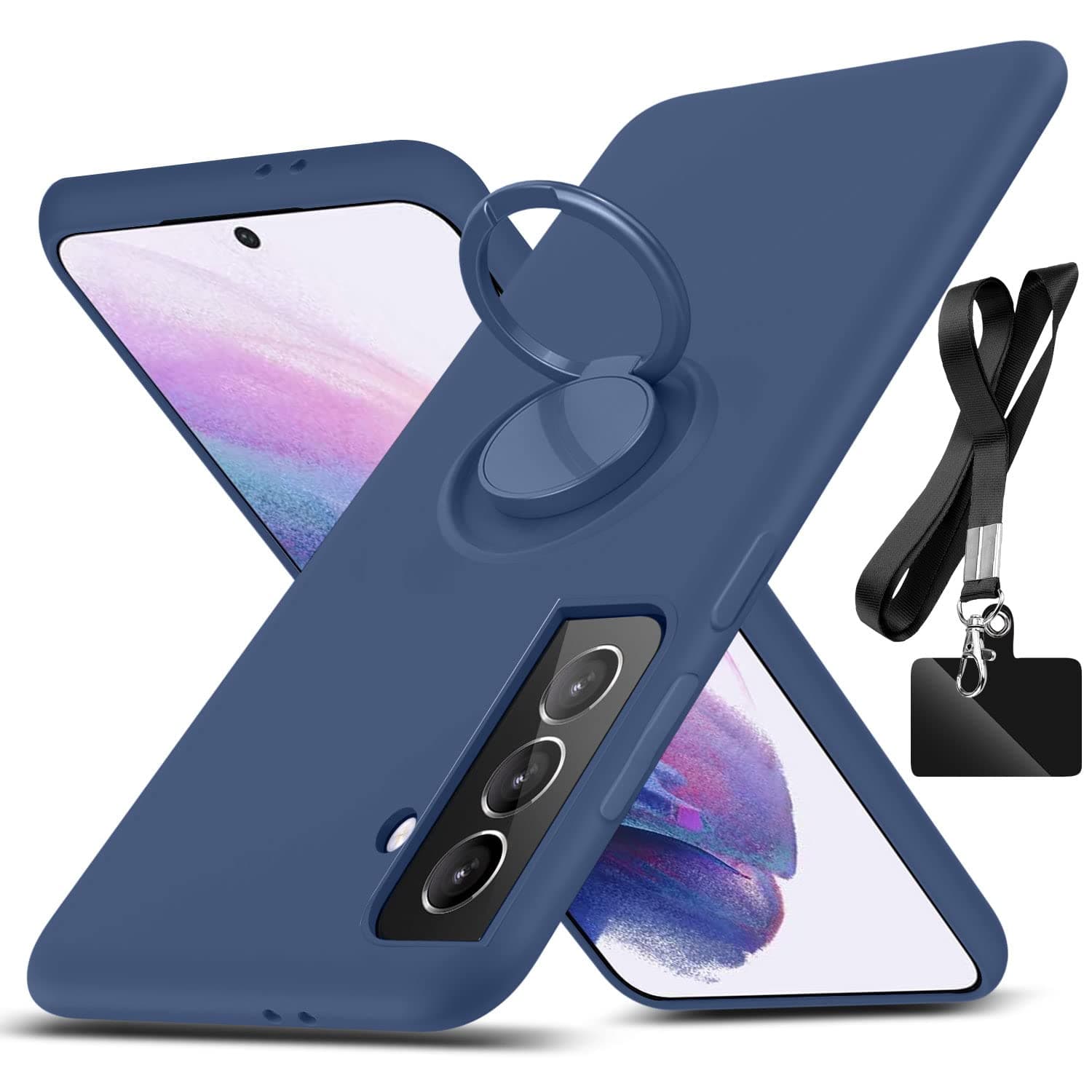 AYSZNBLA for Samsung Galaxy S21 Case,with 360°Rotatable Ring Holder Kickstand & Strap Lanyard Premium Liquid Silicone Slim Shockproof Protective Case for Samsung Galaxy S21 5G,Blue