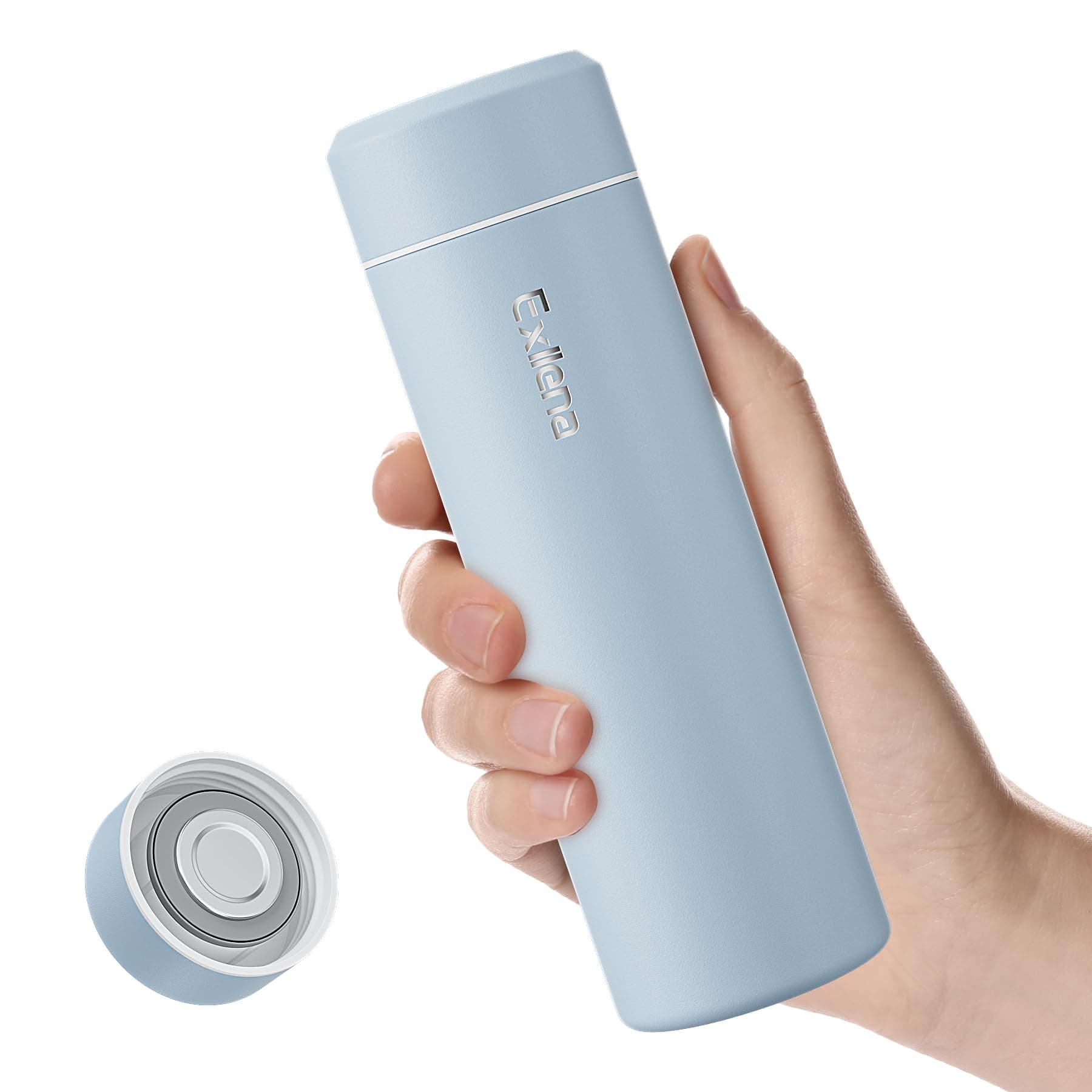 Exllena 350ml/12oz Small Insulated Water Bottle with All-Metal Lid–Mini Bouteille D'eau, Double-Wall Stainless Steel Pocket Flask for Travel, Coffee, Tea & Purse(Greyish Blue)