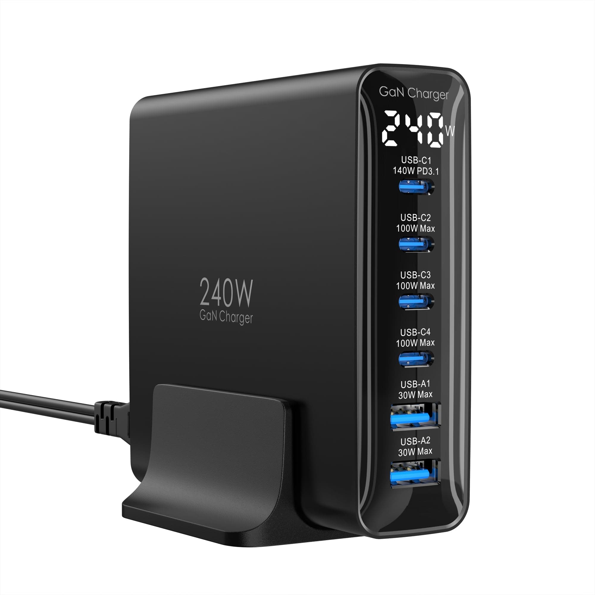 240W USB C Charger,Charger with LED Display Desktop Fast Charging Station for MacBook Pro/Air, for iPhone Pro/iPad Pro/Dell XPS/Galaxy/Pixel/Laptops and More, Black