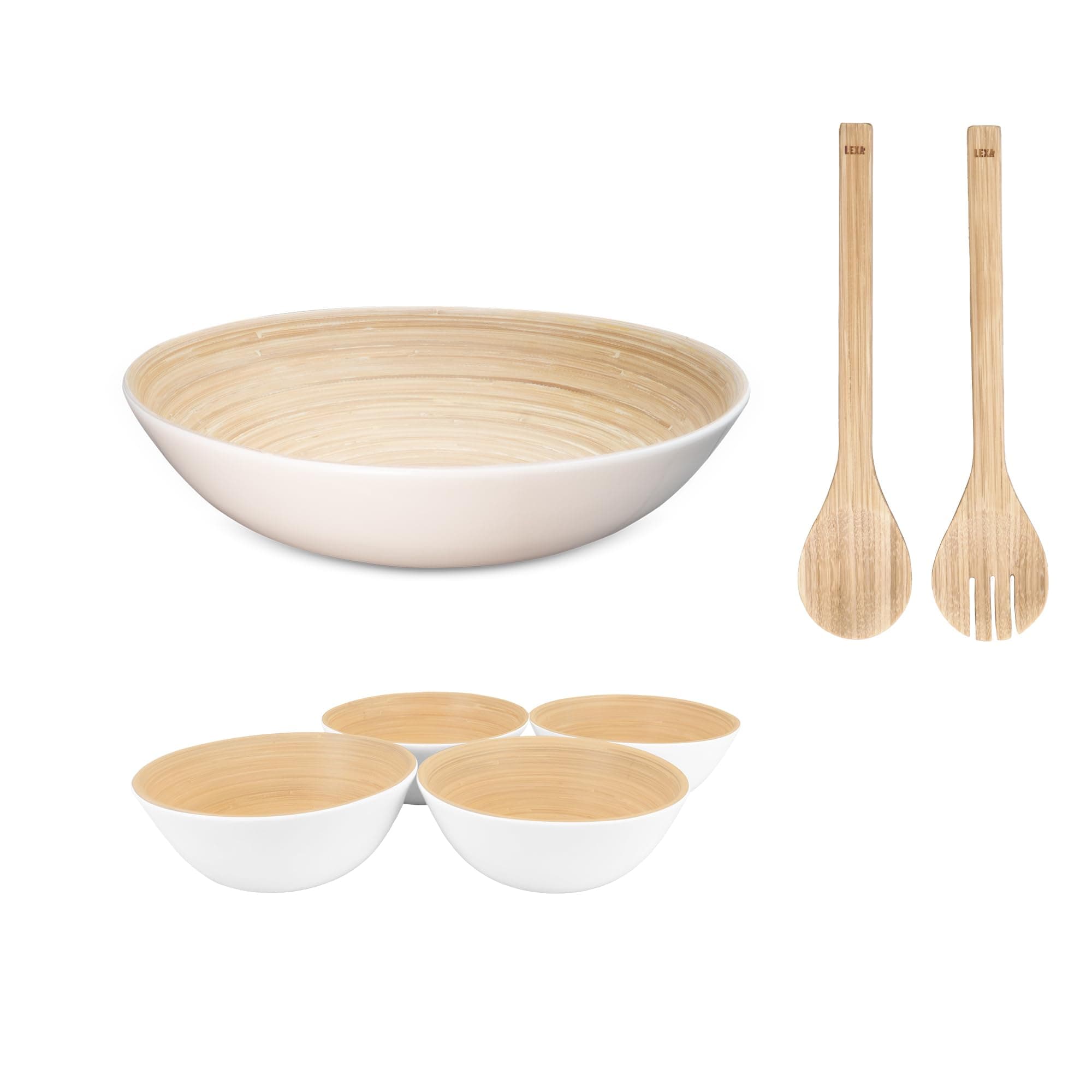 Lexa Bamboo 6 Piece Salad Serving Set, White (LX14SAL-WHT, LX8SBS-WHT, LX12UTS-NTL)