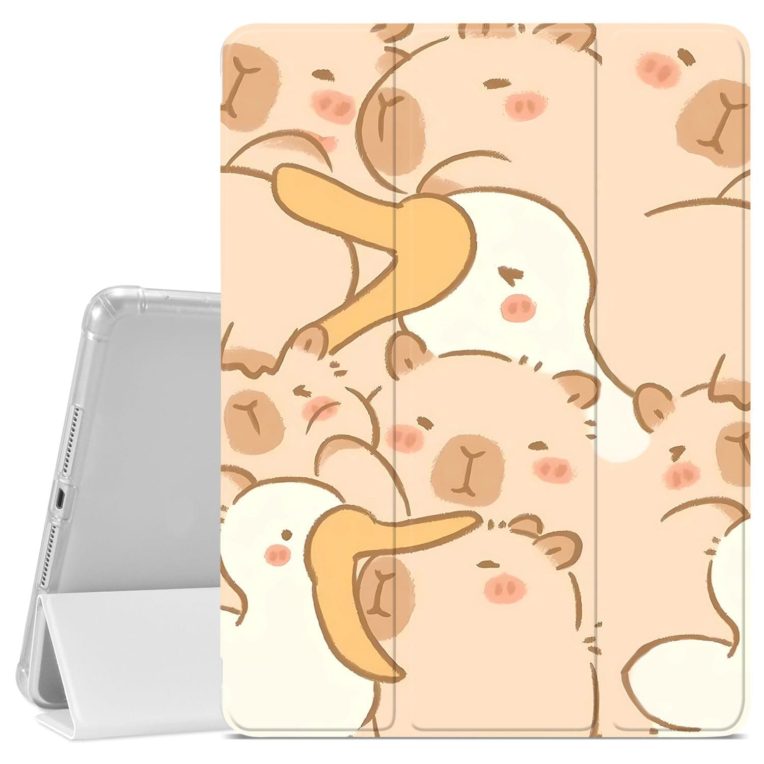 Cute Capybara Case for iPad (A16) 11th Gen 2025 11-inch/10th Gen 2022 10.9 inch,Lovely Animal Printed Protective Case,Pencil Holder & Clear Transparent Soft TPU Back & Trifold Smart Pad Case