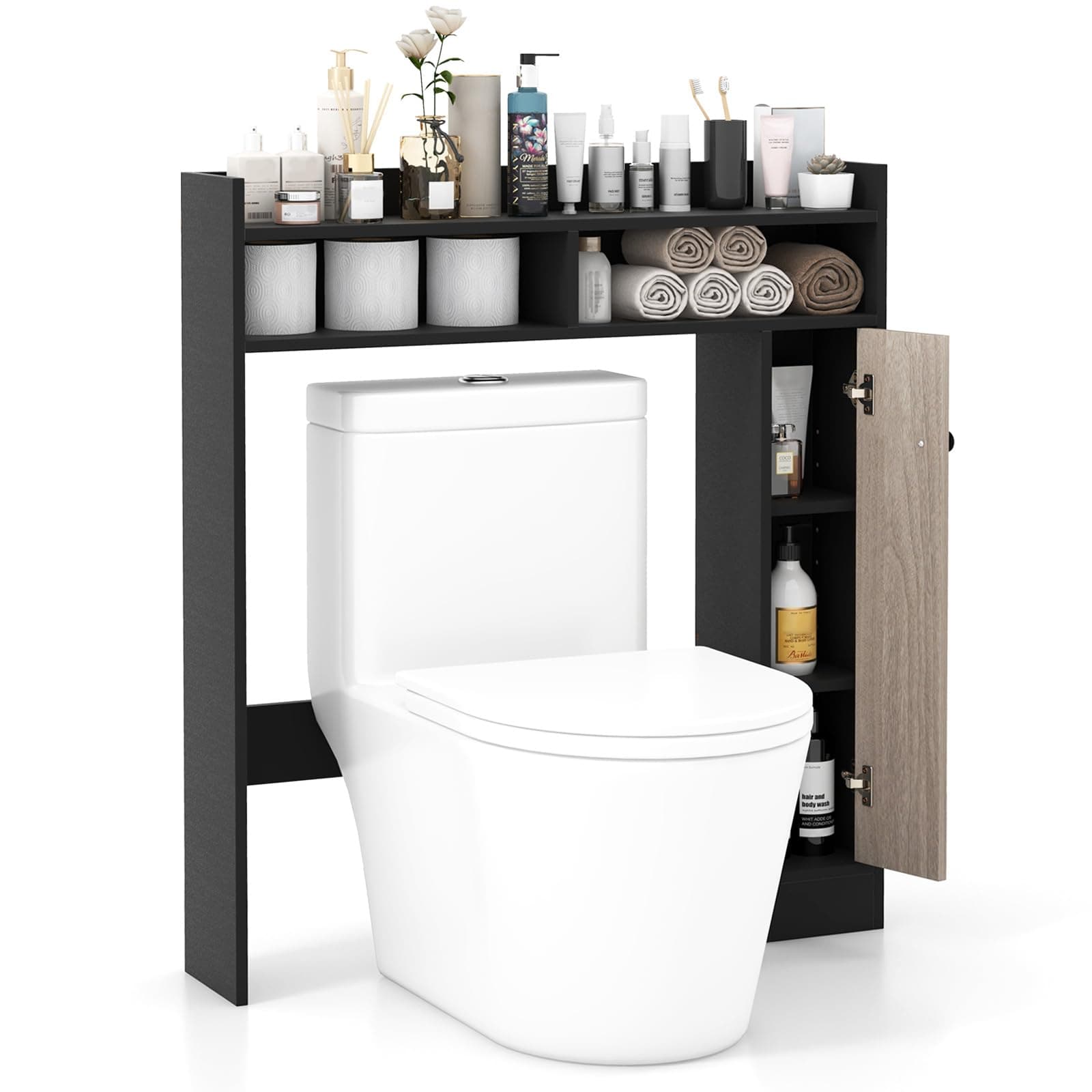 BECOMFORT 34.5" L Over the Toilet Storage Cabinet, Wooden Bathroom Space Saver Over the Toilet w/2 Adjustable Shelves & Anti-Toppling Device, Freestanding Toilet Rack for Bathroom, Laundry (Black)