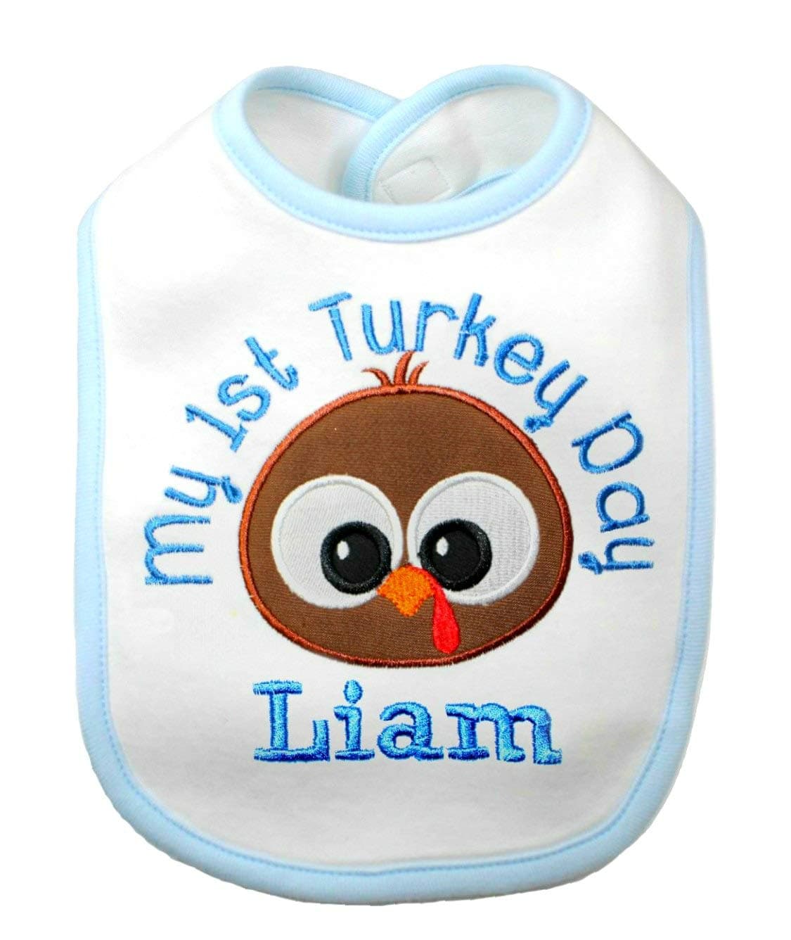 Fantasy Kids Designs Thanksgiving Boy Bib Personalized with Custom Name (White/Blue Bib)