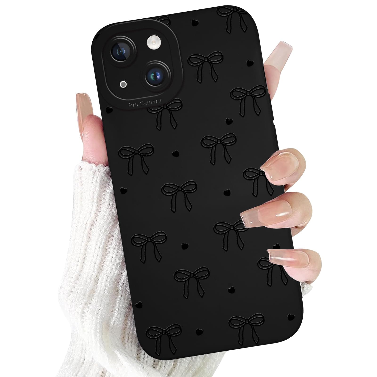 RUMDEY Cute Black Bow Phone Case for iPhone 14 6.1", Aesthetic Bowknot Ribbon Pattern Design Black Frosted Case Women Girly Cover Full Camera Lens Protective Shockproof Soft Slim TPU Funda