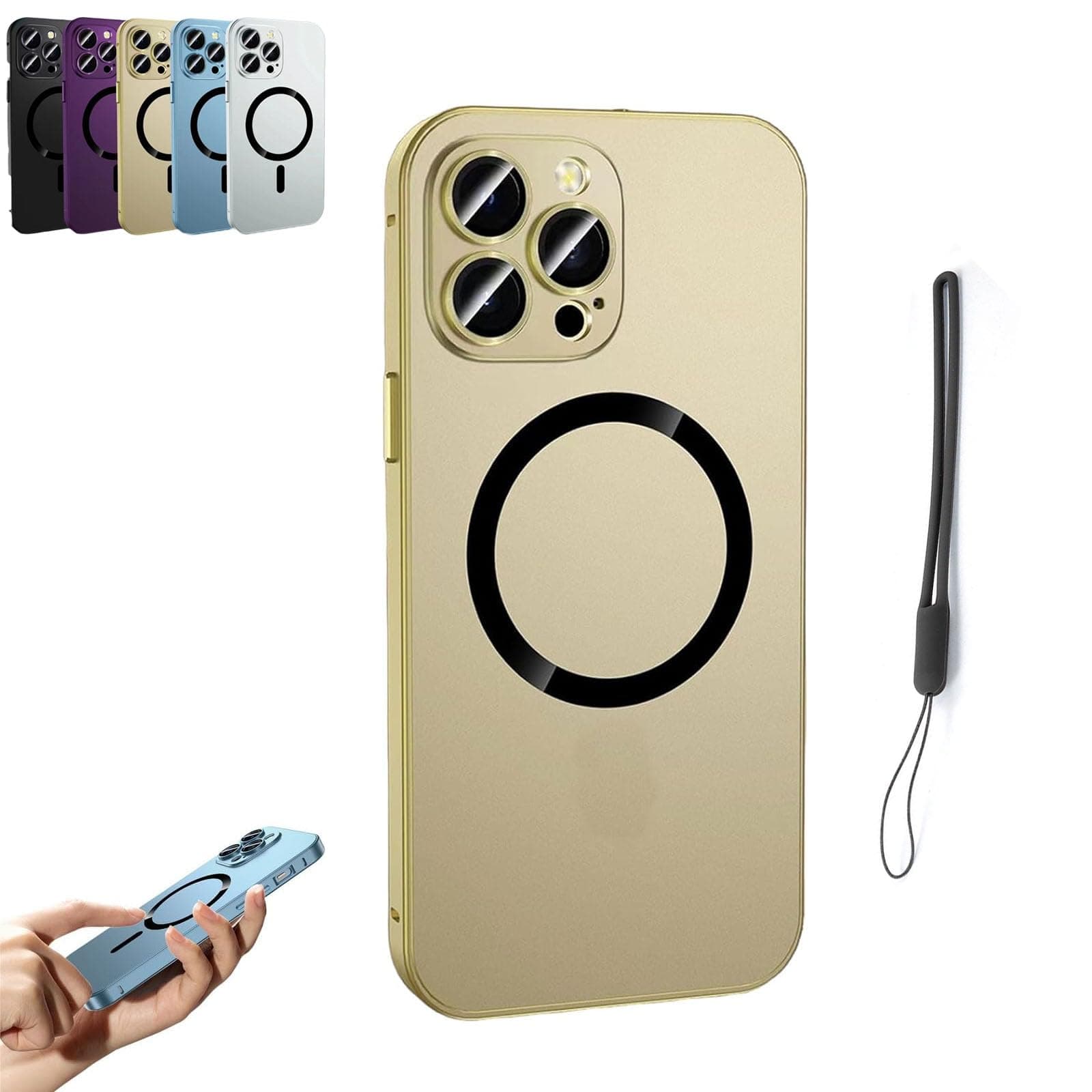 Swinizh Magnetic Charging Aluminum Metal Bumper Matte Shell for iPhone, Fully Wrapped Mobile Phone Case for iPhone 16 15 14 13 12 Pro Max (Gold,for iPhone16 Pro)
