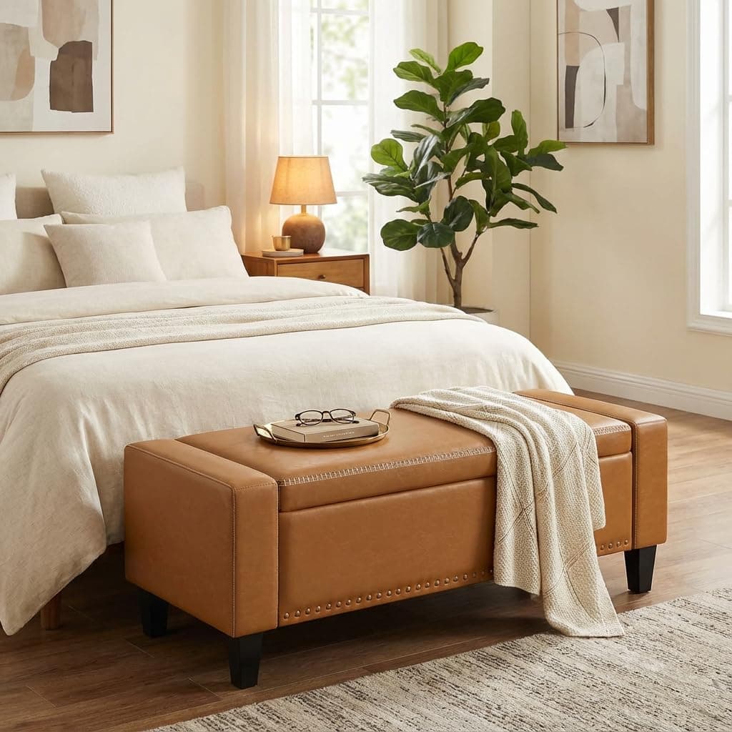 AKMAKM 48.8" Storage Ottoman Bench Brown | Faux Leather Bedroom Bench with Lift Top for Living Room & Bed End