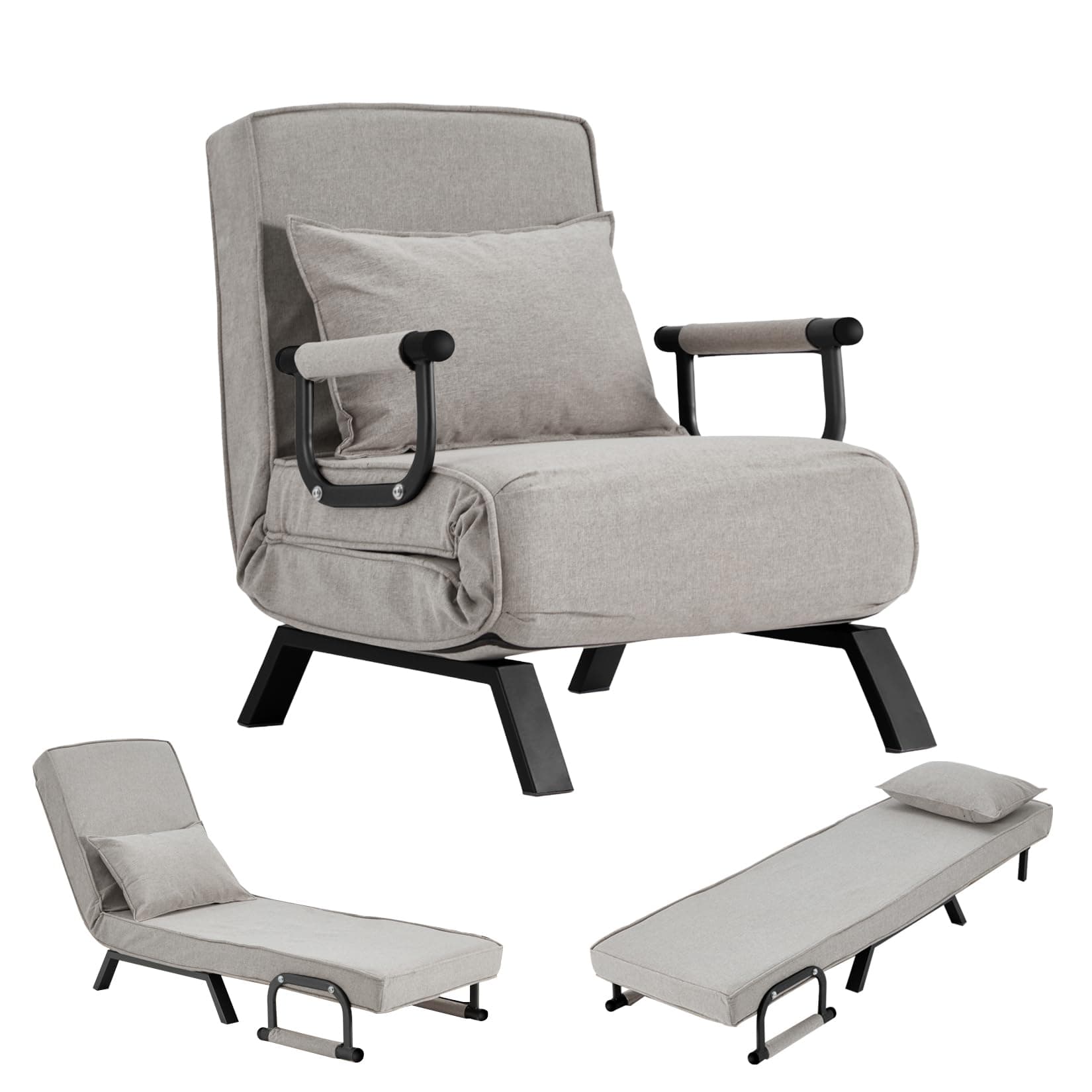 Convertible Sofa Bed Sleeper Chair,Single Person Chaise Lounge Couch with Pillow,Upholstered Lazy Bed with 6 Angles Adjustable Backrest,Folding Sofa Arm Chair for Apartment/Office/Home (Light Gray)