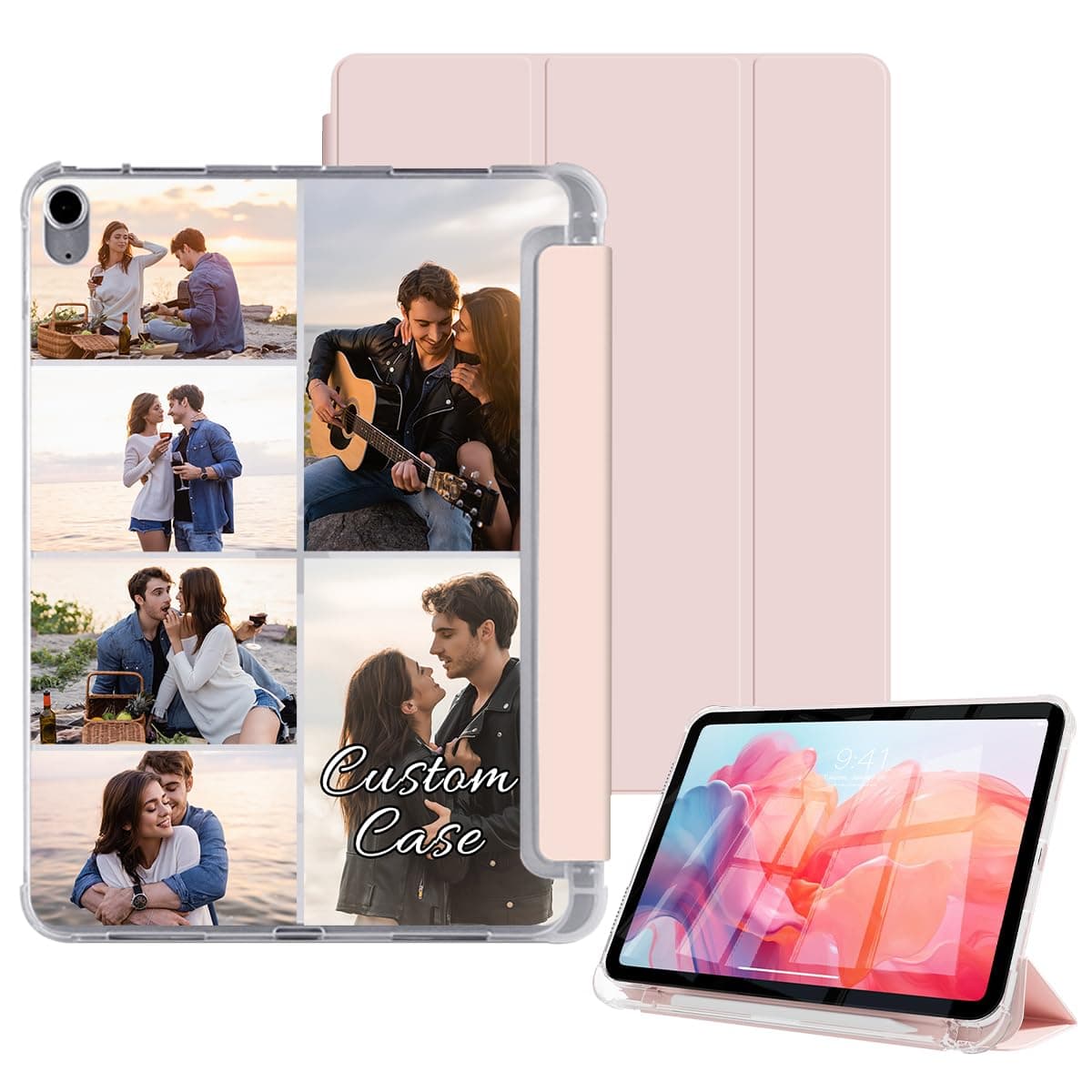 Personalized Photo Case for 10.2 inch iPad 9th Gen 2021/ 8th Gen 2020/ 7th Gen 2019 [Built-in Pencil Holder] Custom Collage Picture Text Flip Cover Stand Auto Wake/Sleep Trifold Clear Back, Pink