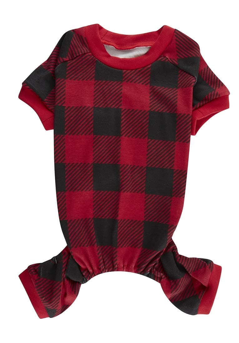 Red Plaid Christmas Dog Pajama, Buffalo Red Black Plaid Puppy Cat Pajamas Onesie PJS for Christmas Holiday, Back Length 9" XSmall
