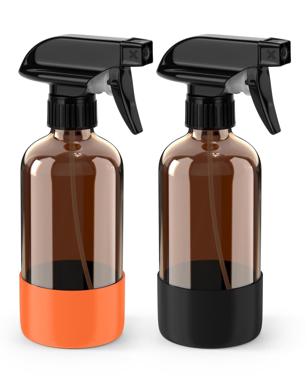 Bontip Glass Spray Bottle with Silicone Sleeve Protection, Amber Glass Spray Bottle Set for Window Cleaner Aromatherapy Facial Hydration Watering Flowers Hair Care 2 Pack/8 oz (Black & Orange)