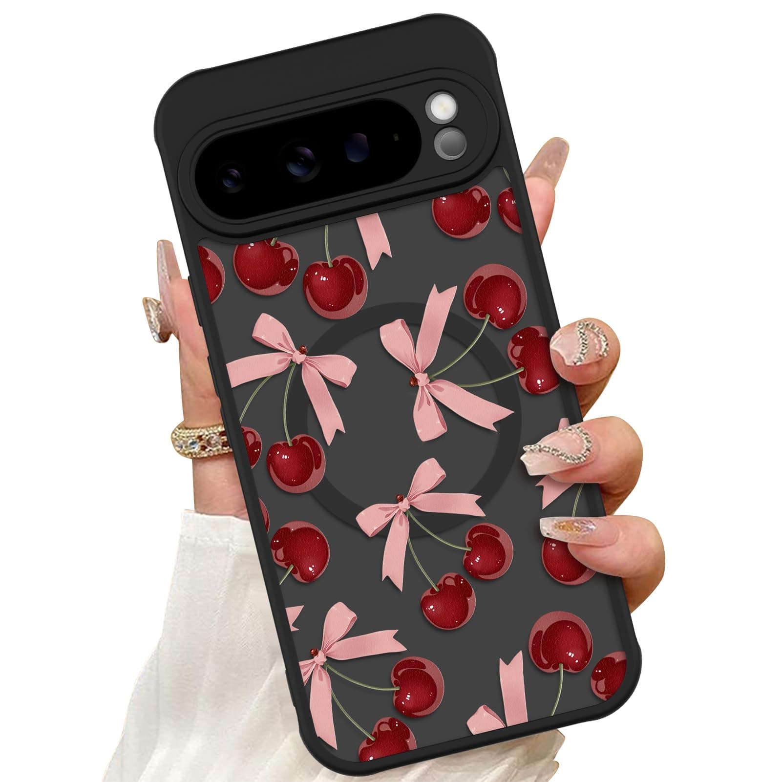 ZIYE Magnetic Case for Google Pixel 9 Pro XL 6.8 Inch [Compatible with MagSafe] Hard PC and Soft TPU Case with Cherry Pink Bows Anti-Scratch Shockproof Protection Phone Cover for Women