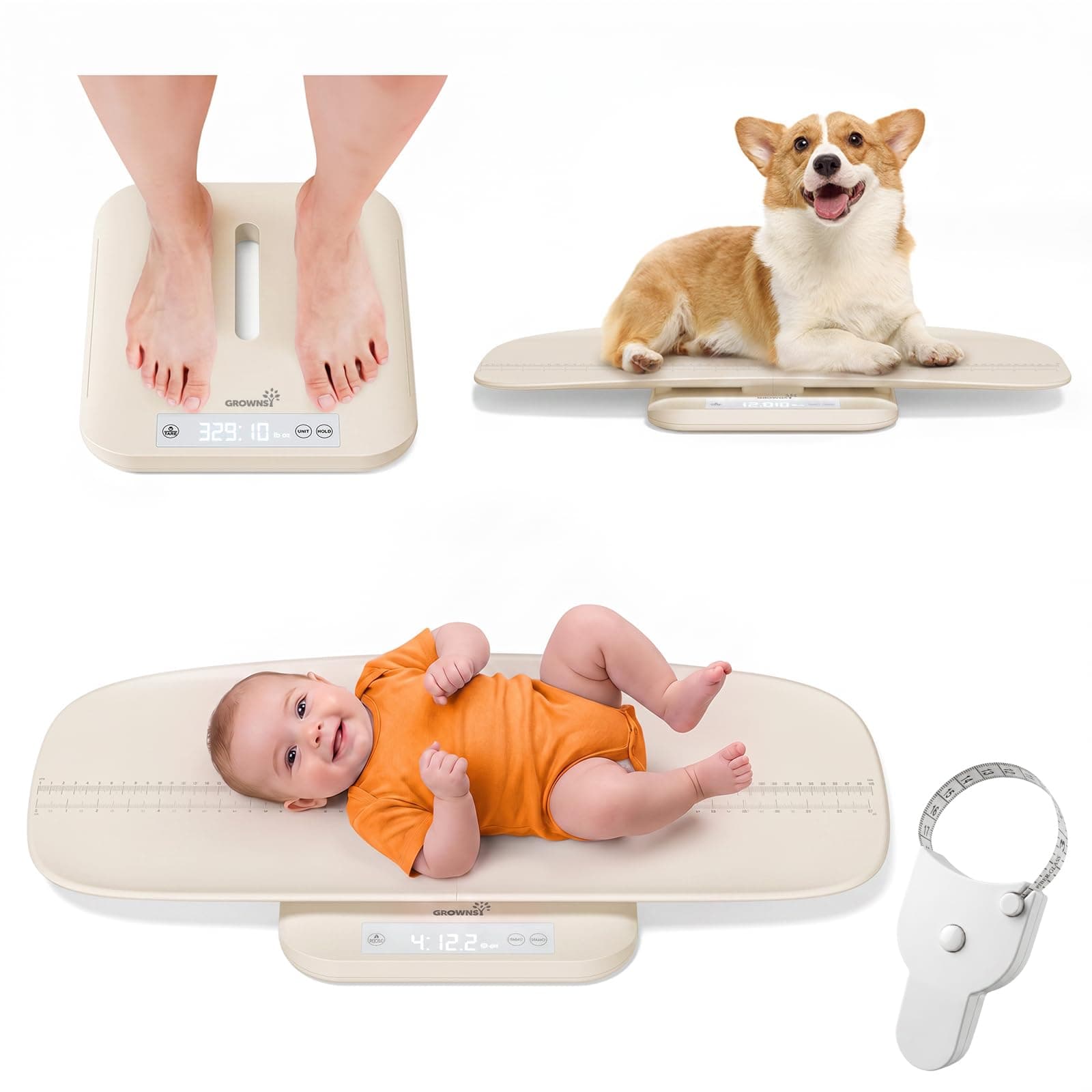 GROWNSY Baby Weight Scale with Height Measurement, 330lbs, Beige
