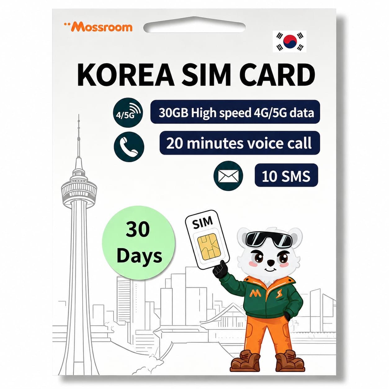 mossroam Travel SIM Card for South Korea, 30 Day Plan - 30 GB High Speed Data - 40 min Calls and 10 SMS - Prepaid and No Roaming Fees - Easy Activation