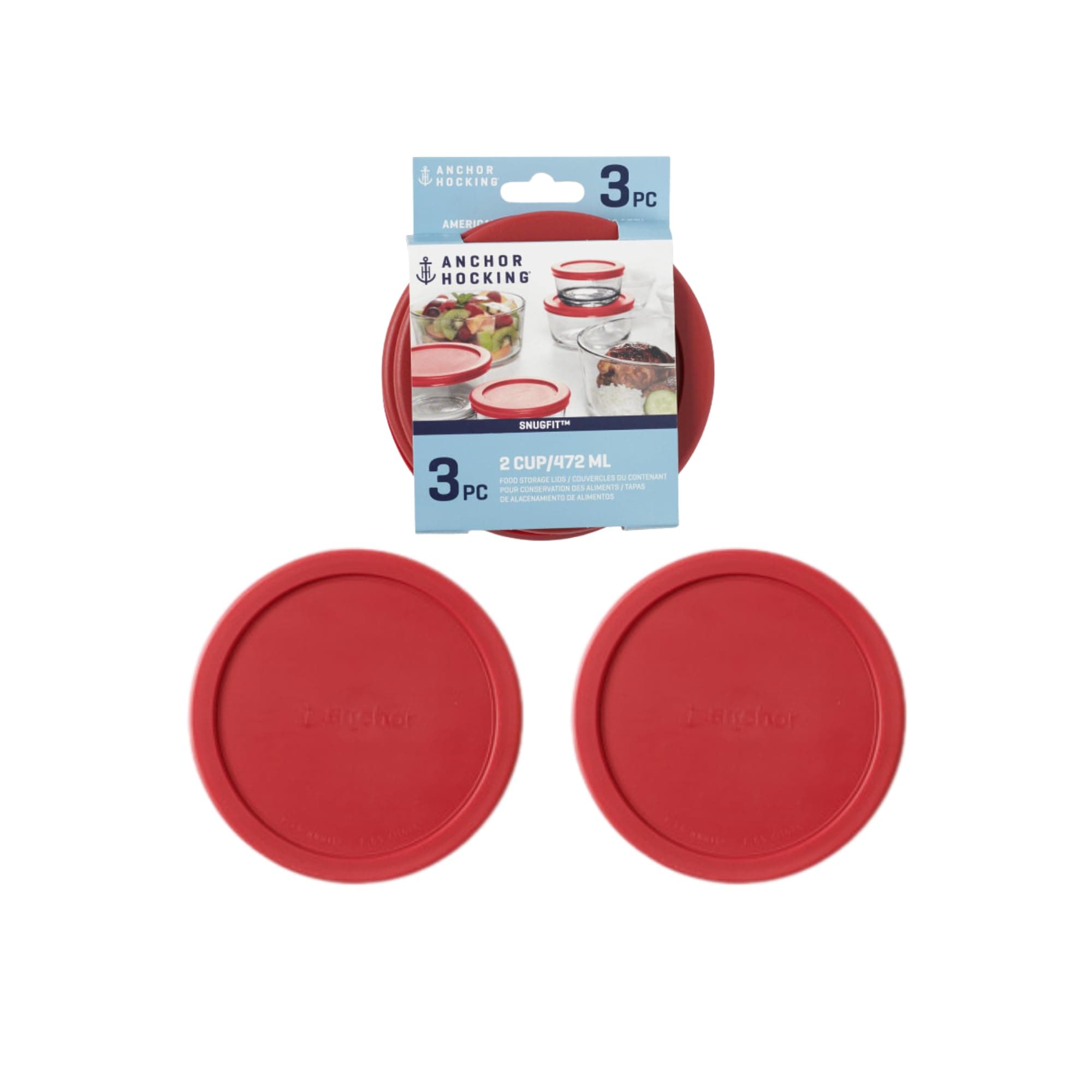 Anchor Hocking Classic Round Food Storage SnugFit Replacement Lids, Red, 2 Cup, Set of 3