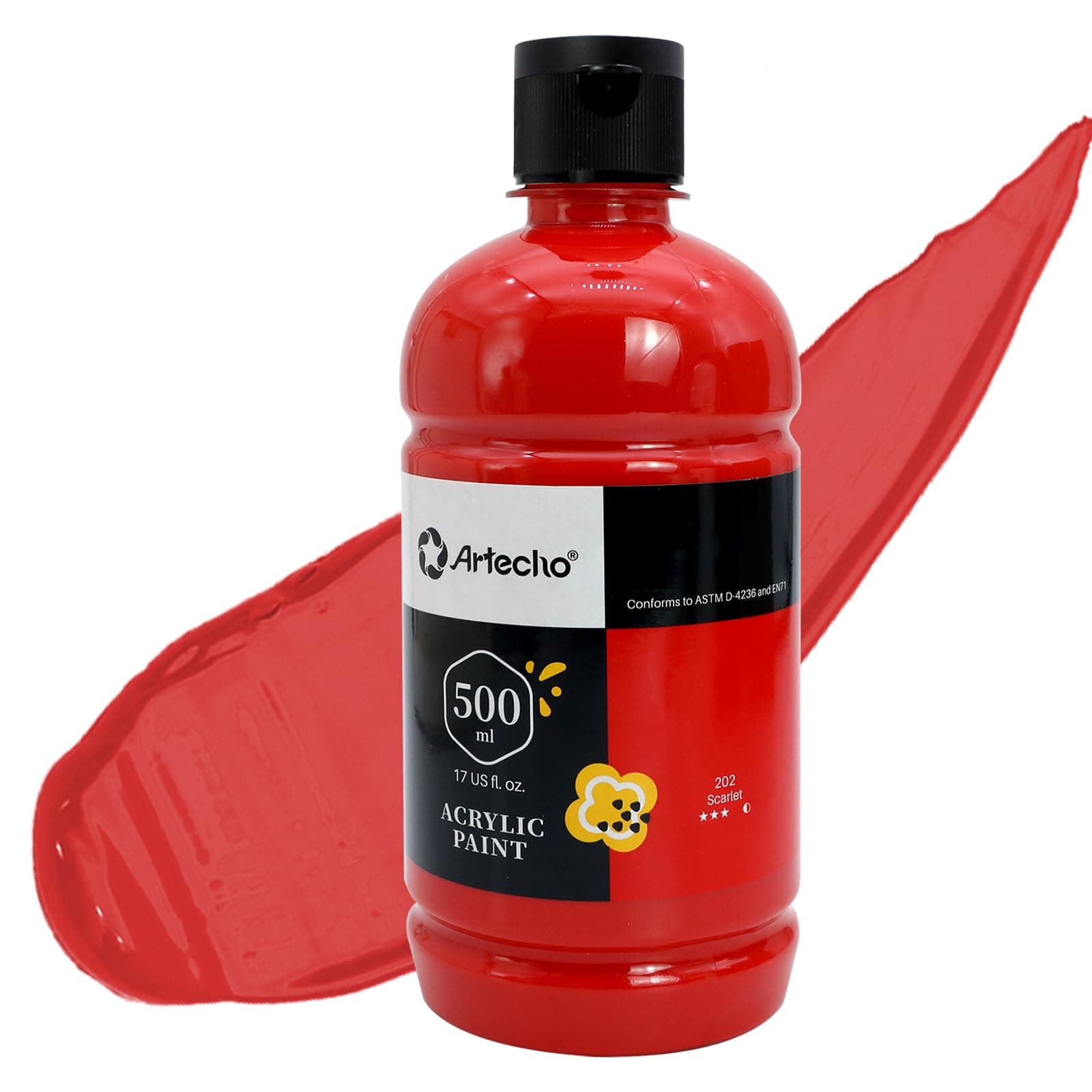 Artecho Scarlet Red Acrylic Paint - Large Bottle 500ml / 17oz, Craft Paint for Canvas, Rocks, Wood, Fabric, Ceramic, Non-Toxic