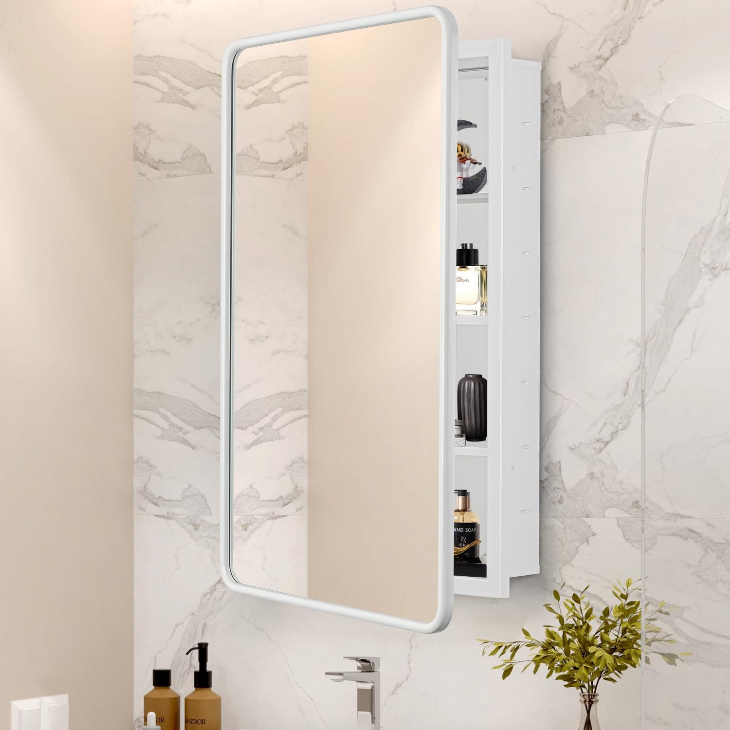 Bathroom Medicine Cabinet with Mirror 17 x 27 Metal Frame Recessed Or Wall Mounted Single Door Storage Medicine Cabinets with Adjustable Shelves Rounded Corner Beveled Mirrors (White, 17''x27'')