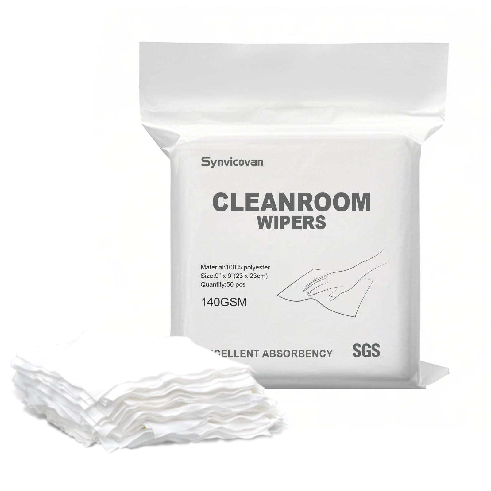 Synvicovan Cleanroom Polyester Wipers 9"x9"(50 Pcs, 140GSM) Double Knit 100% Lint Free Cleaning Cloths with Ultra-fine Filaments, Laser Sealed Edge Ultra-Soft Wipers, Reusable and Washable