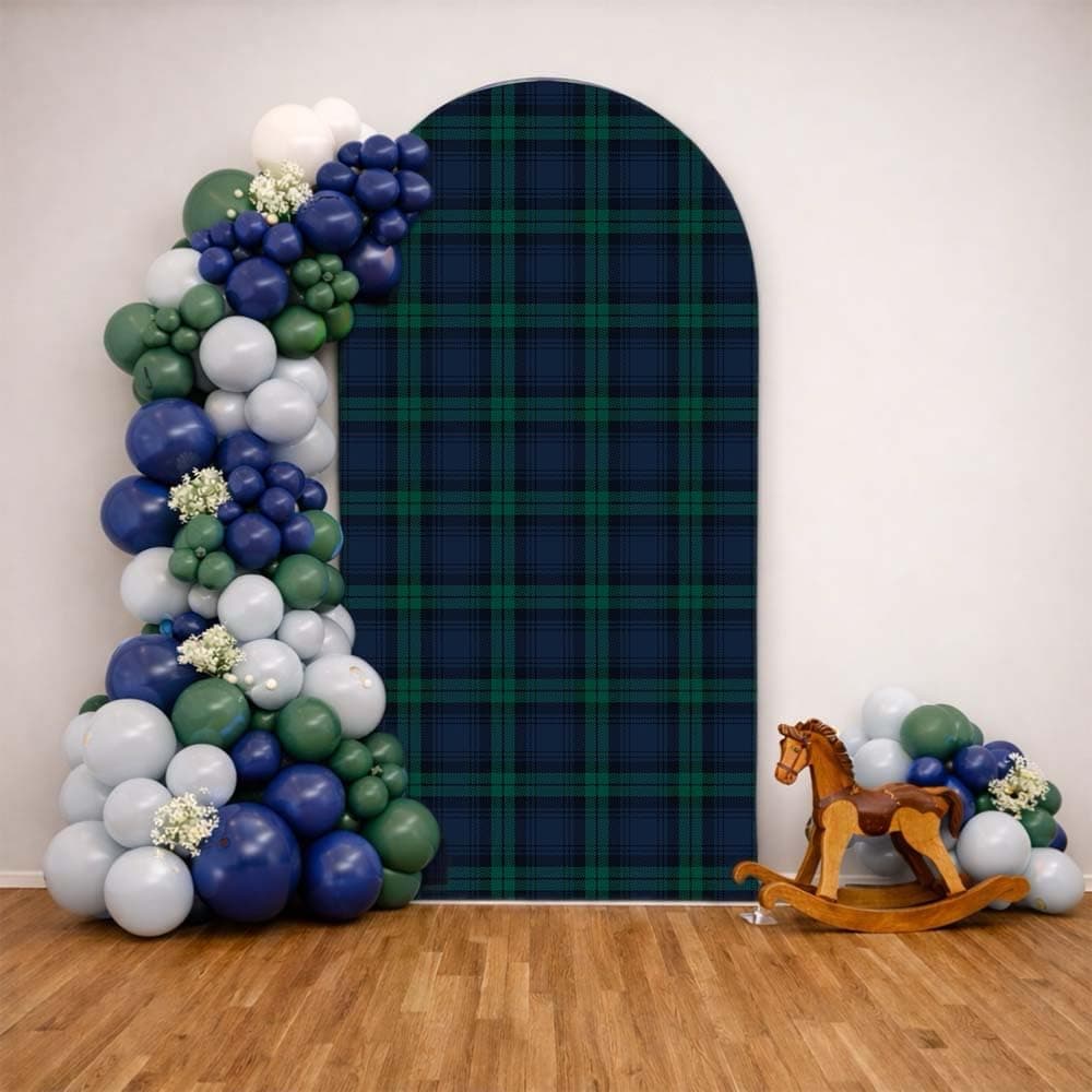 HISDH Green Blue Tartan Plaid Arch Backdrop Cover Bear Baby Shower Spandex Stretchy Arch Stand Cover for Boys Birthday Party Banquets Decorations (6FT,Vintage)