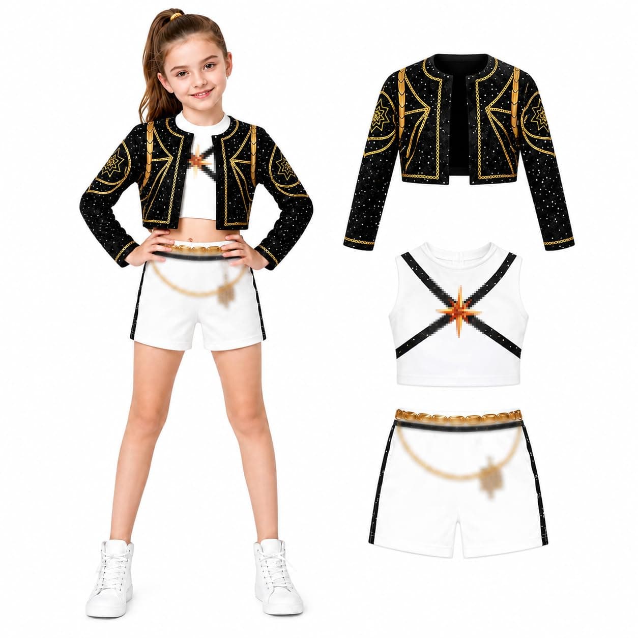 HOMELEX Black Gold Dance Costume Girls 3Pcs Kids Performance Stage Outfits (140(9-10Y))