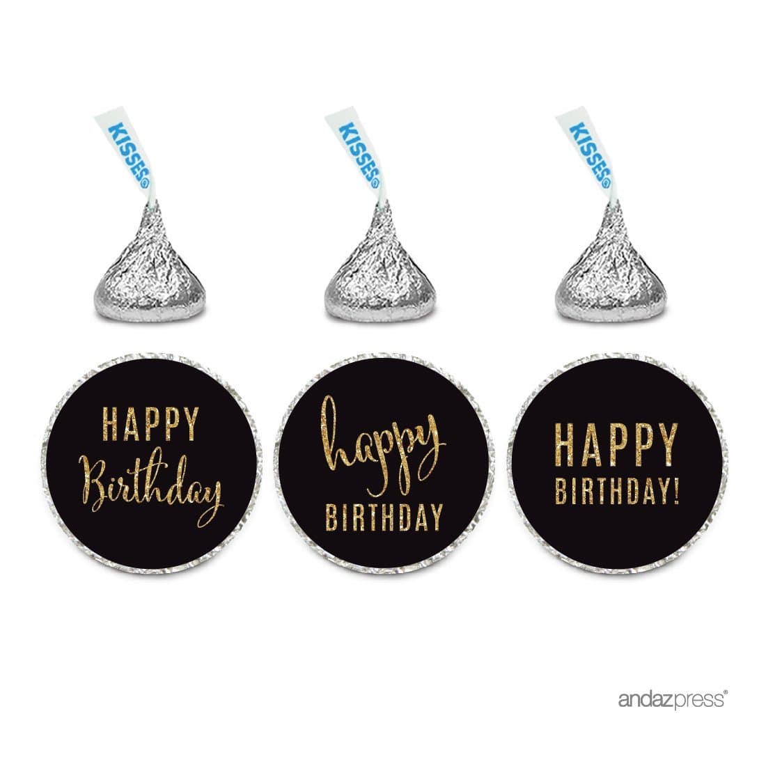 Andaz Press Gold Glitter Print Chocolate Drop Labels Stickers, Happy Birthday, Black, 216-Pack, Not Real Glitter, for Kisses Party Favors