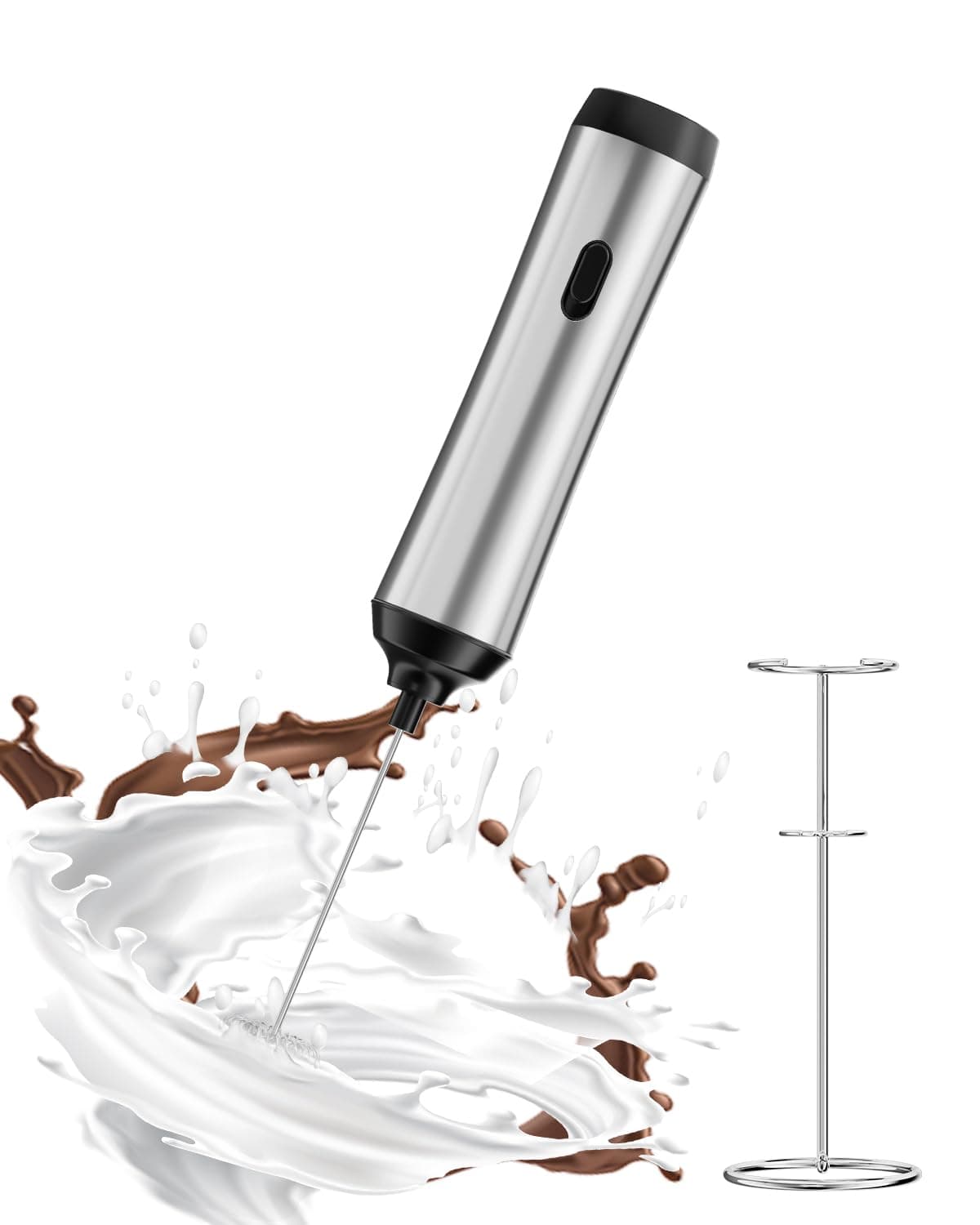QTDHG Rechargeable Milk Frother with Stand, Electric Frother Wand Handheld Coffee Foam Maker Detachable Stainless Steel Whisk Drink Mixer Foamer for Latte, Cappuccino, Hot Chocolate, Egg (Silver-1)