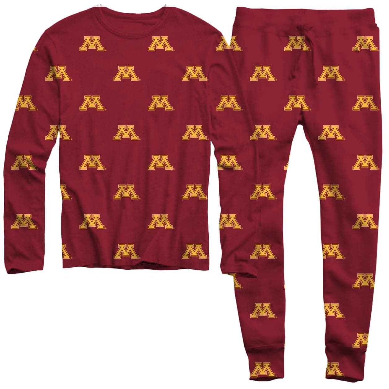 Wes and Willy NCAA Youth All Over Print L/S Pajama,Minnesota Golden Gophers,12,HAR Maroon
