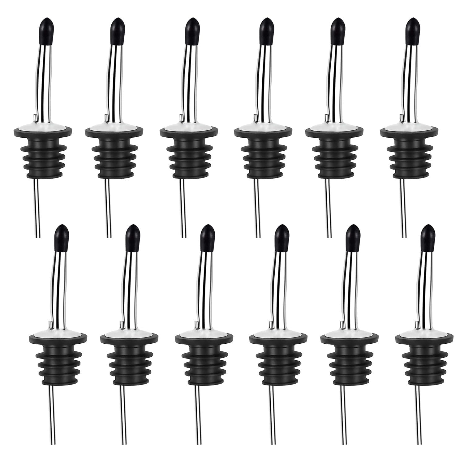 12 Pack Liquor Bottle Pourers, Stainless Steel Liquor Pour Spout, Bartender Bottle Pourers for Alcohol, Tapered Spout with Rubber Dust Caps
