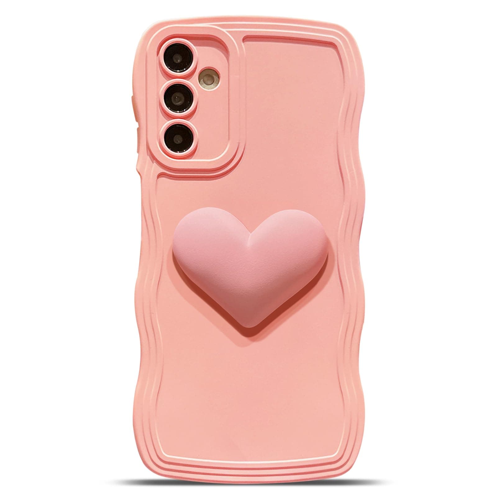 LYQZDT for Samsung Galaxy S24 FE Case 6.7", Cute Kawaii 3D Love Heart Solid Color Curly Wave Frame Camera Lens Cover Shockproof Soft Silicone S24 FE Phone Case for Women (Pink)