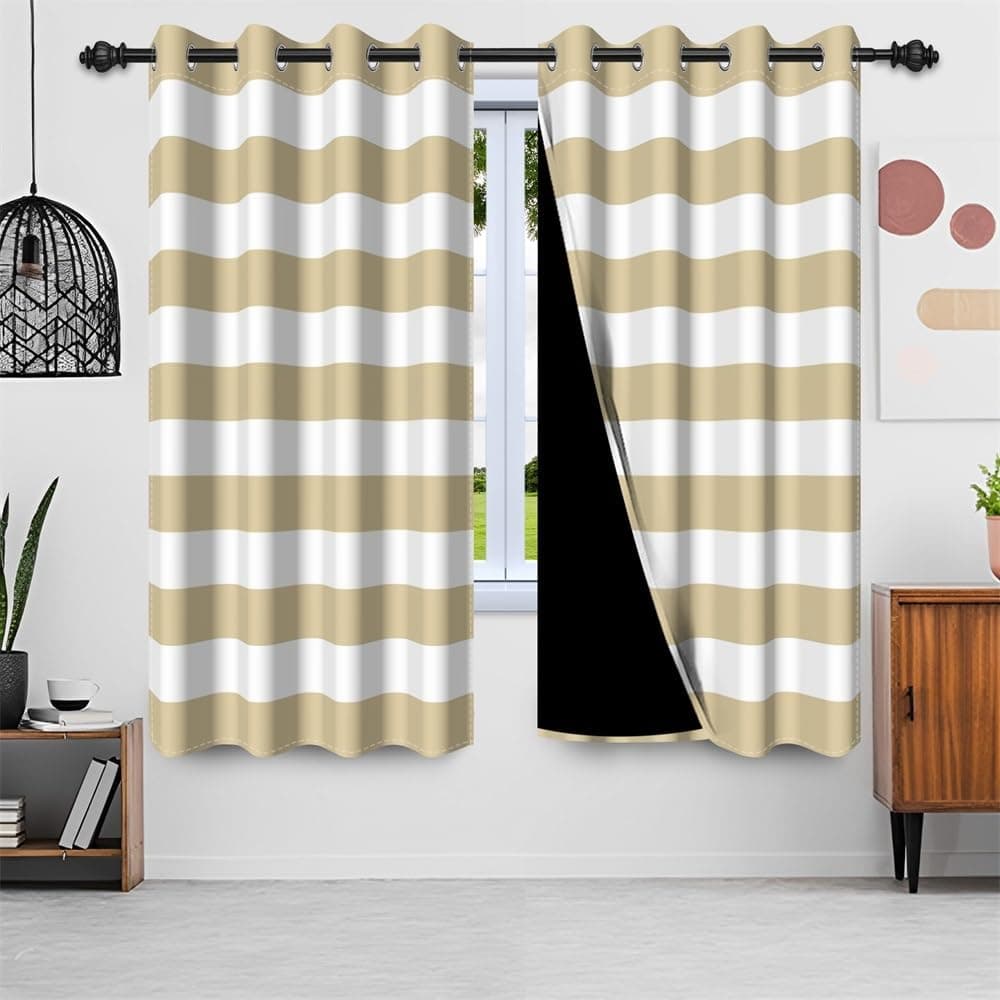 Leyiyi Beige and White Stripe Blackout Curtains Horizontal Striped Printed Window Curtains Minimalist Simple Aesthetic Art Cool Window Drapes for Bedroom Living Room Decor 21x45 Inch,2 Panels