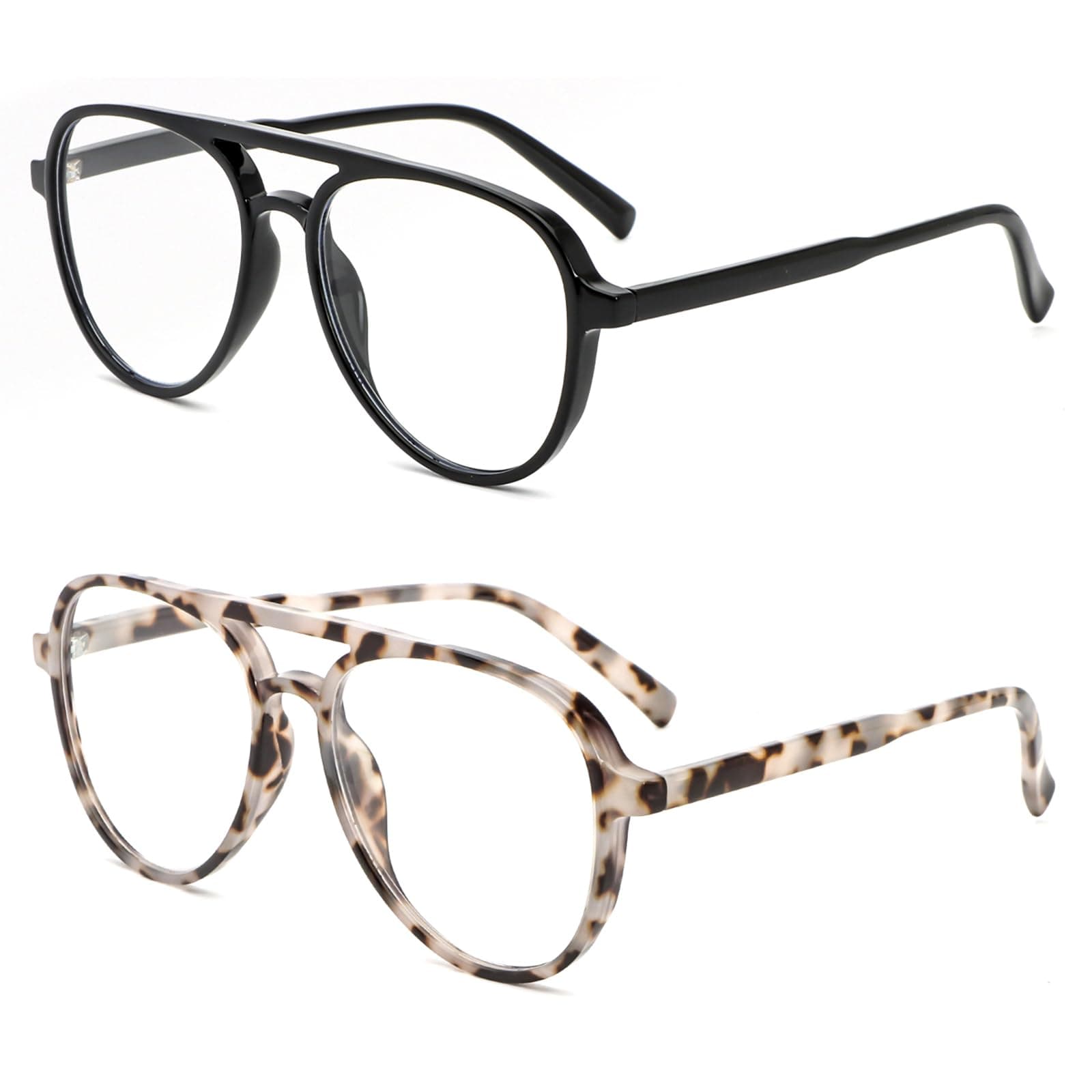 DXYXYO 2 Pack Retro Aviator Reading Glasses for Women 1.5, Mens Classic Lightweight Blue Light Blocking Computer Readers, Black+Grey Leopard