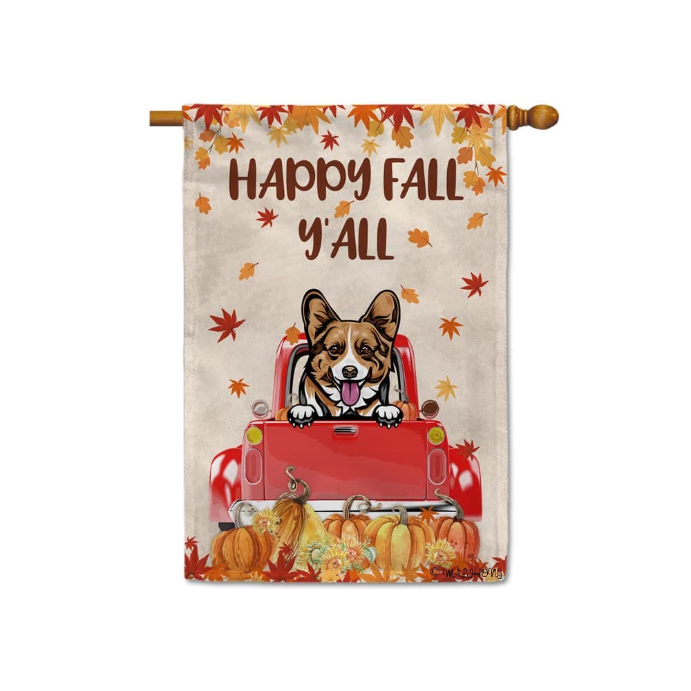 MALIHONG Happy Fall Y'all House Flag Clever Dog Pembroke Welsh Corgi with Pumpkin and Maple Leaves Autumn Banner for Outdoor Home Decor 28x40 Inch Print Double Sides