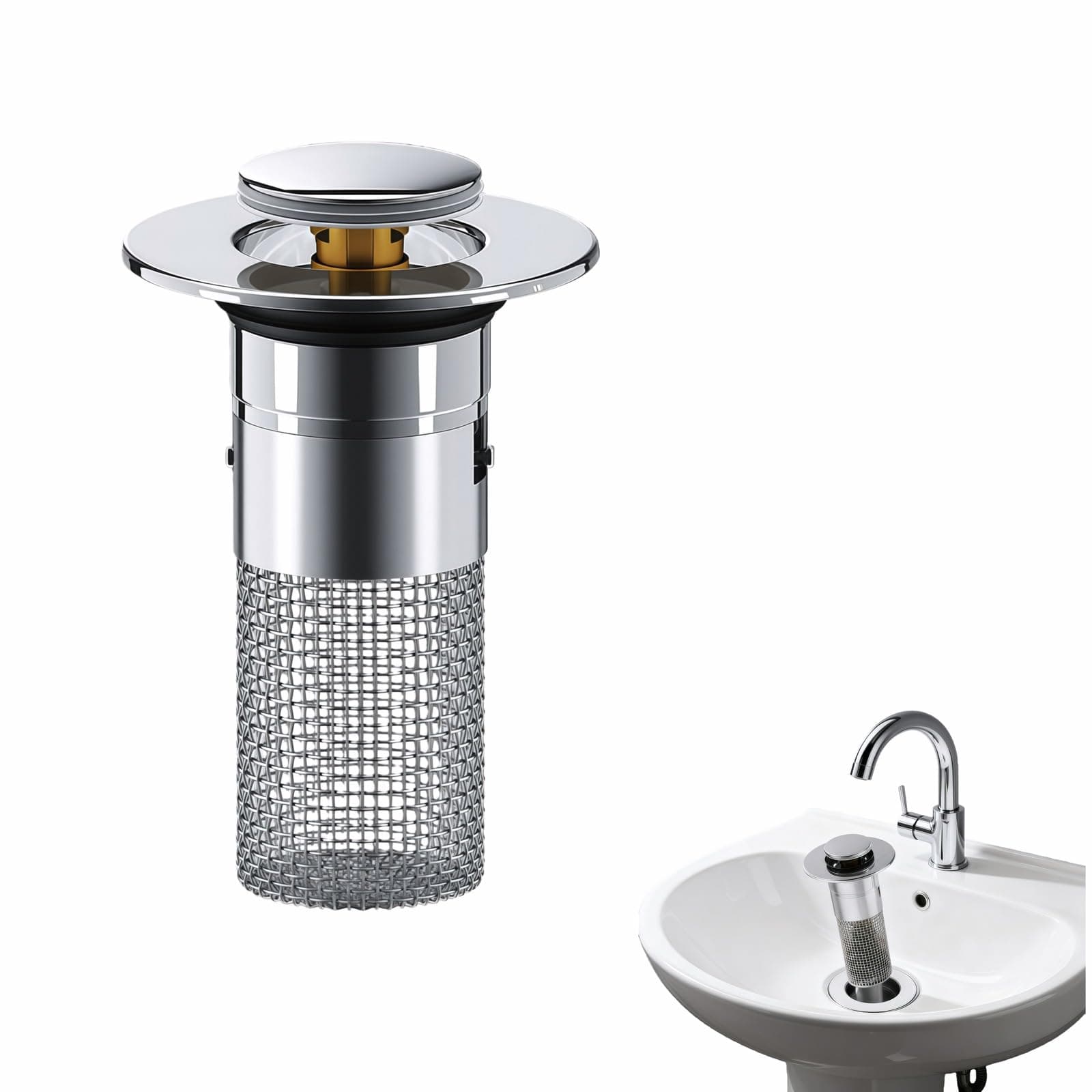 Sink Stopper Hair Catcher - Pop-Up Drain Strainer with Removable 304 Stainless Steel Basket, Quick Install Anti-Clog Anti-Smell Universal Bathroom Sink Drain Filter for Bathroom Vanity